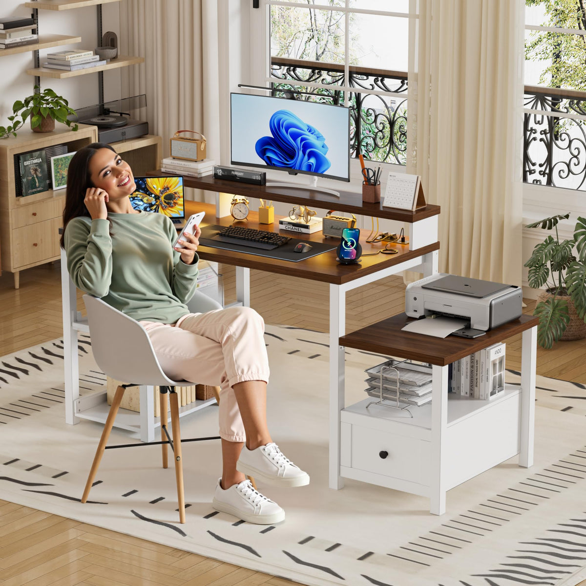 White Farmhouse Office Desk with Drawer & Power Outlets, Wood Computer Desk Monitor Stand for Bedchamber Study, Home Office Table with LED Strip for Working Writing Gamin