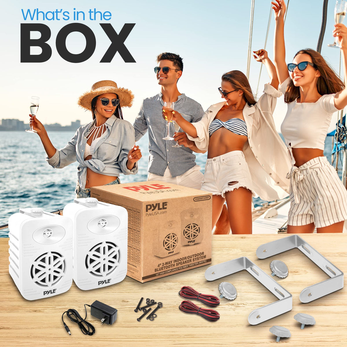 PyleUSA Bluetooth Indoor Outdoor Speakers Pair-300 Watt Dual Waterproof 4” 2-Way Full Range Speaker System w/1/2” High Compliance Polymer Tweeter-Home, Boat, Marine, Deck(White)(PDWRBT46WT)