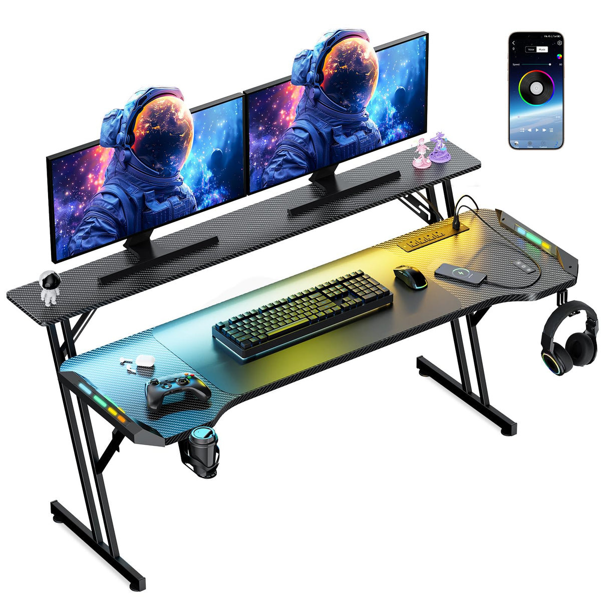 VidaTeco 63 Inch Smart Gaming Desk, Gamer Computer Desk with Phone-Controlled LED Lights & Mouse Pad, Power Outlet, Monitor Stand, Side Hook, Ergonomic Work Desks for Home Office, Carbon Fiber Black