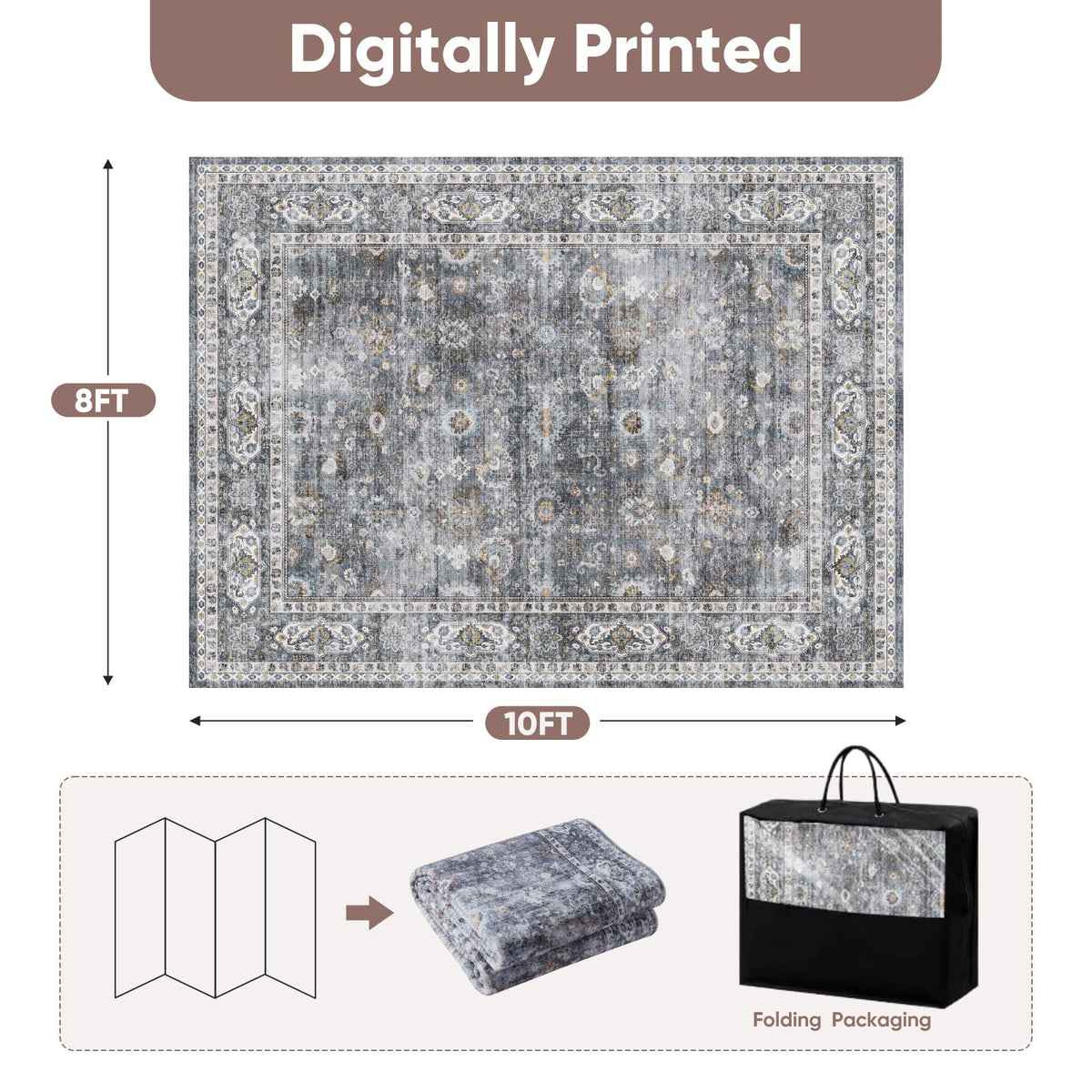 Rugcomf 8x10 Rug Washable Boho Rug Soft Large Area Rug Non-Slip Non-Shedding Faux Wool Vintage Rug for Living Room, Farmhouse, Dining Room, Indoor, Kids Playroom (Grey)