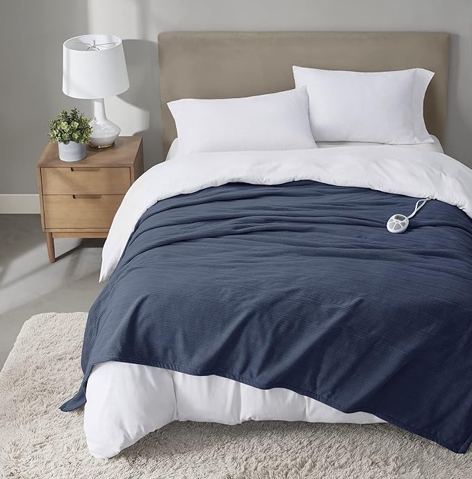 Serta Travis Fleece Ultra Soft Tri-Rib Textured Electric Blanket, Cozy and Snuggly Cover Fast Heating for Cold Weather, Auto Shut Off, Multi Heat Setting Controller, Full, Indigo