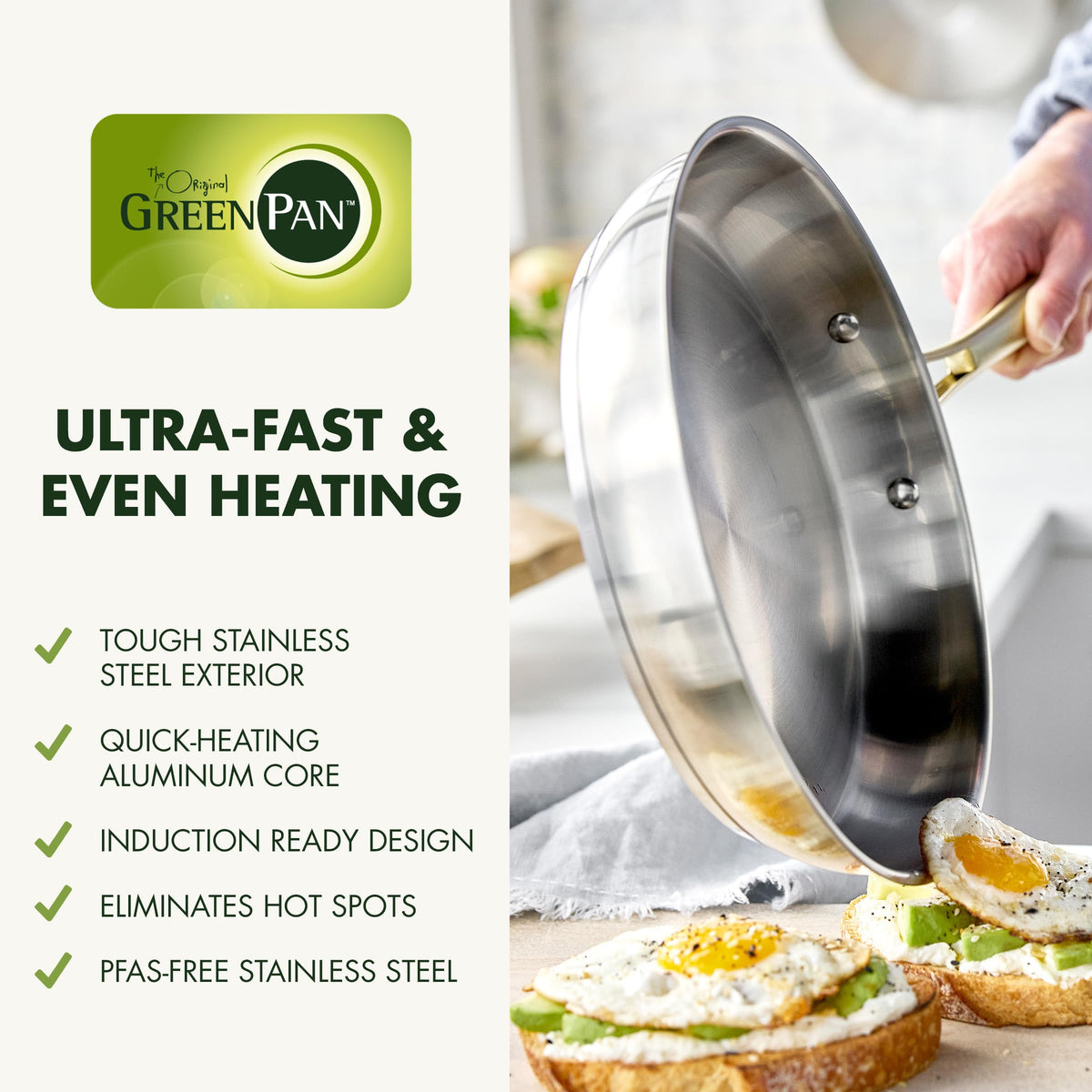 GreenPan 11 Piece Stainless Steel Cookware Set, Induction Ready, Tri-Ply Multiclad Pots & Pans with Lids, Compatible on All Cooktops, Measurement Markings, Dishwasher & Oven Safe, Swift, Gold Handles