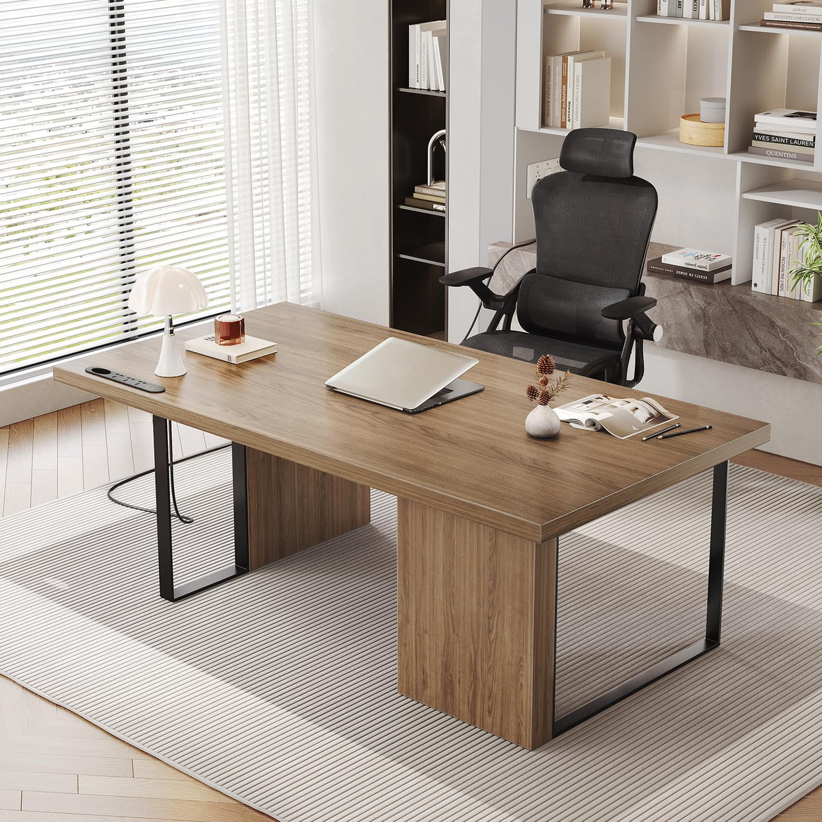 MesaSync 60-Inch Large Executive Desk, Modern Minimalist Wooden Computer Office Desk Workstation with Extra Thick Tabletop and Built-in Power Outlet, Business and Home Office