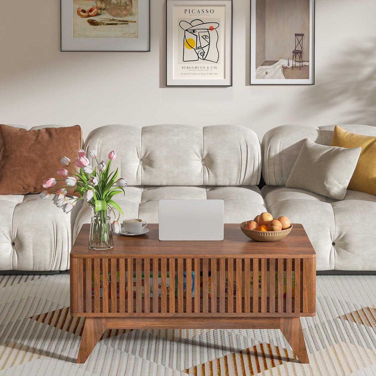 Lift Top Coffee Table with Hidden Compartment, Mid Century Modern Coffee Table for Living Room, Fluted Design Farmhouse Center Table with Storage (Walnut, 35.4" W)