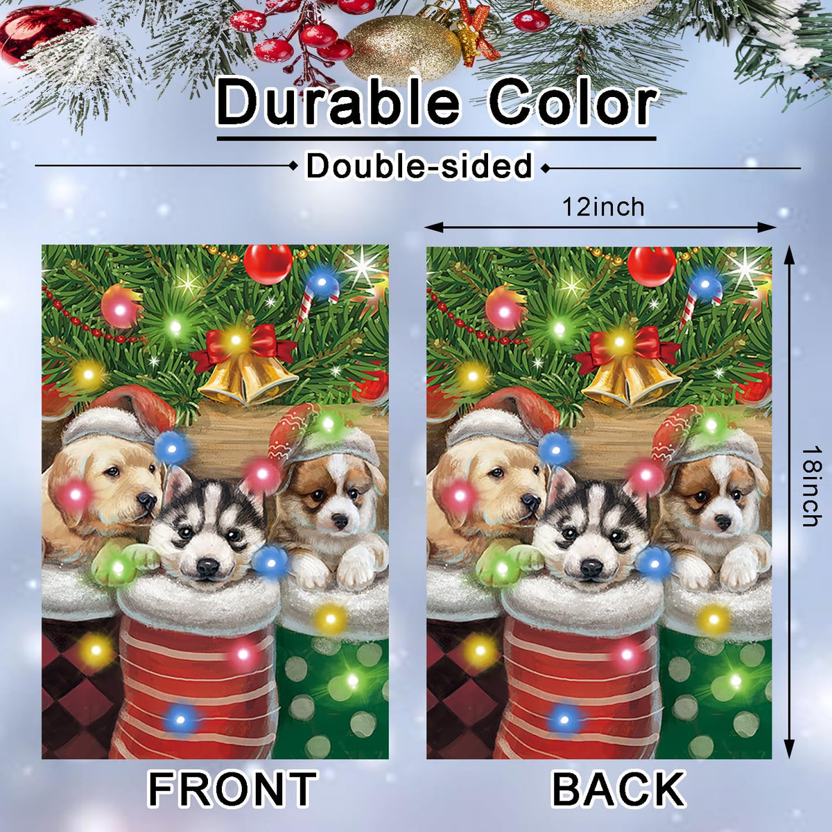 Merry Christmas Cute Cat Kitty doggy Garden Flag Decor, Winter Yard Flag Outdoor with Led String Lights, 12x18 Double-Sided House Flags for Farmhouse Outdoor Decoration