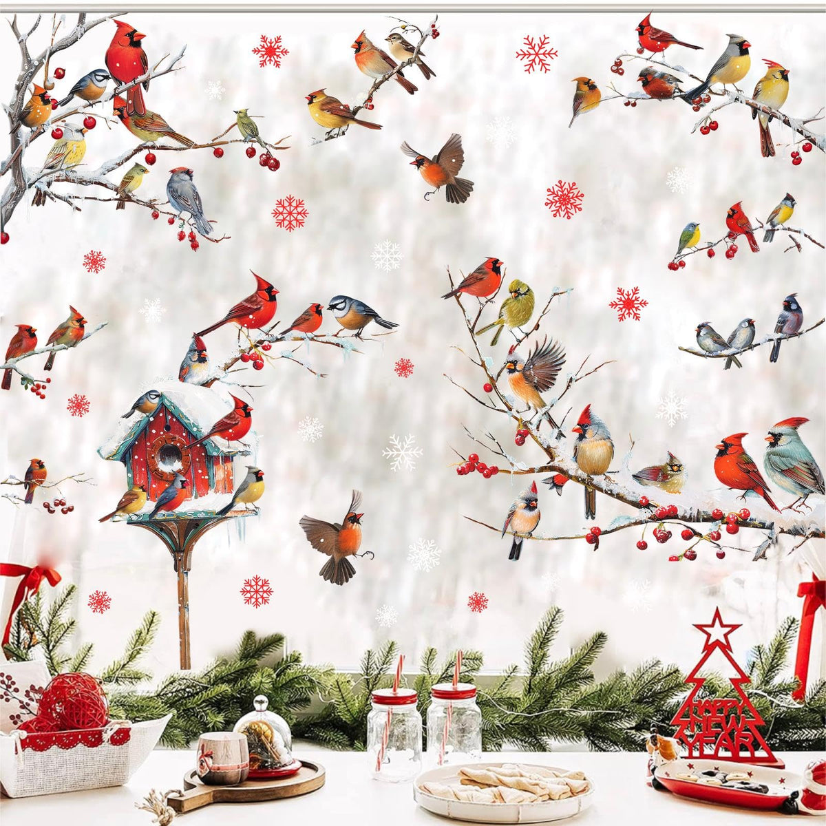 Winter Window Stickers Christmas Window Clings Indoor Outdoor Decoration Xmas Stickers for Winter Holiday Supplies Birds Tree Branch Window Decals for New Year Christmas Party Living Room Home Decor