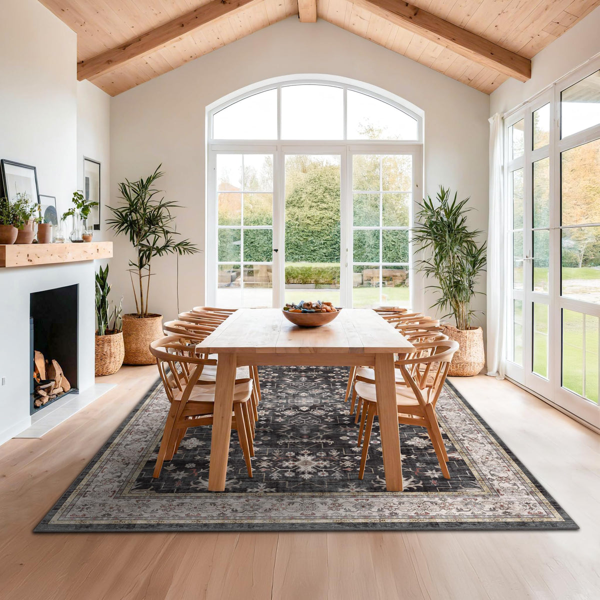 Black Farmhouse Washable 8x10 Area Rugs for Living Room, Bedroom, Dining Room Kitchen Table Rug for Under Table, Office, Dark Charcoal Tumble Stain Resistant Non-Slip Large Washable (8x10 Black/Multi)