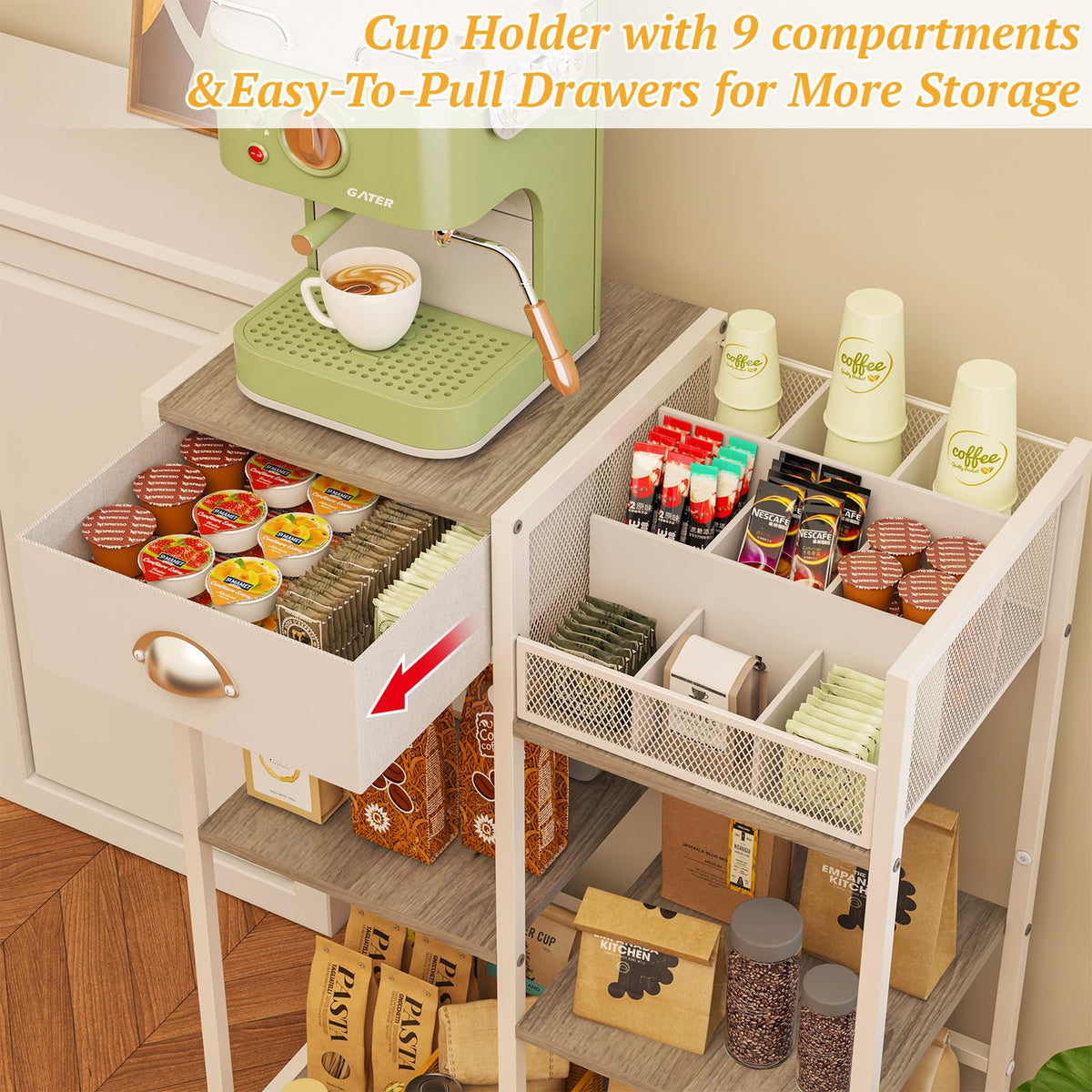 Coffee Bar Station with Drawer, 6 Tier Coffee Table with Dividers for Organizing, 3 Tier White Storage Stand for Living Room/Kitchen/Bathroom