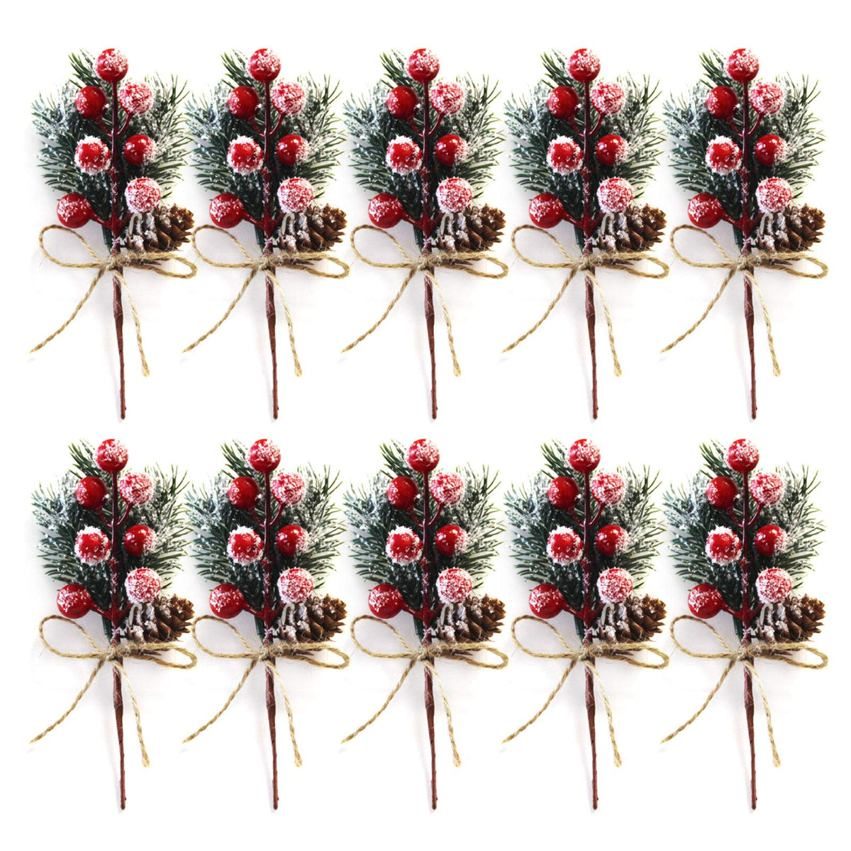 Artificial Red Berry Stems Pine Branches with Twine Bow,Christmas Pine Picks Fake Red Berry Wreath Picks, Christmas Trees Decoration Bouquets Garland Wreath Arrangements for Holiday Decor(10 Pack/red)