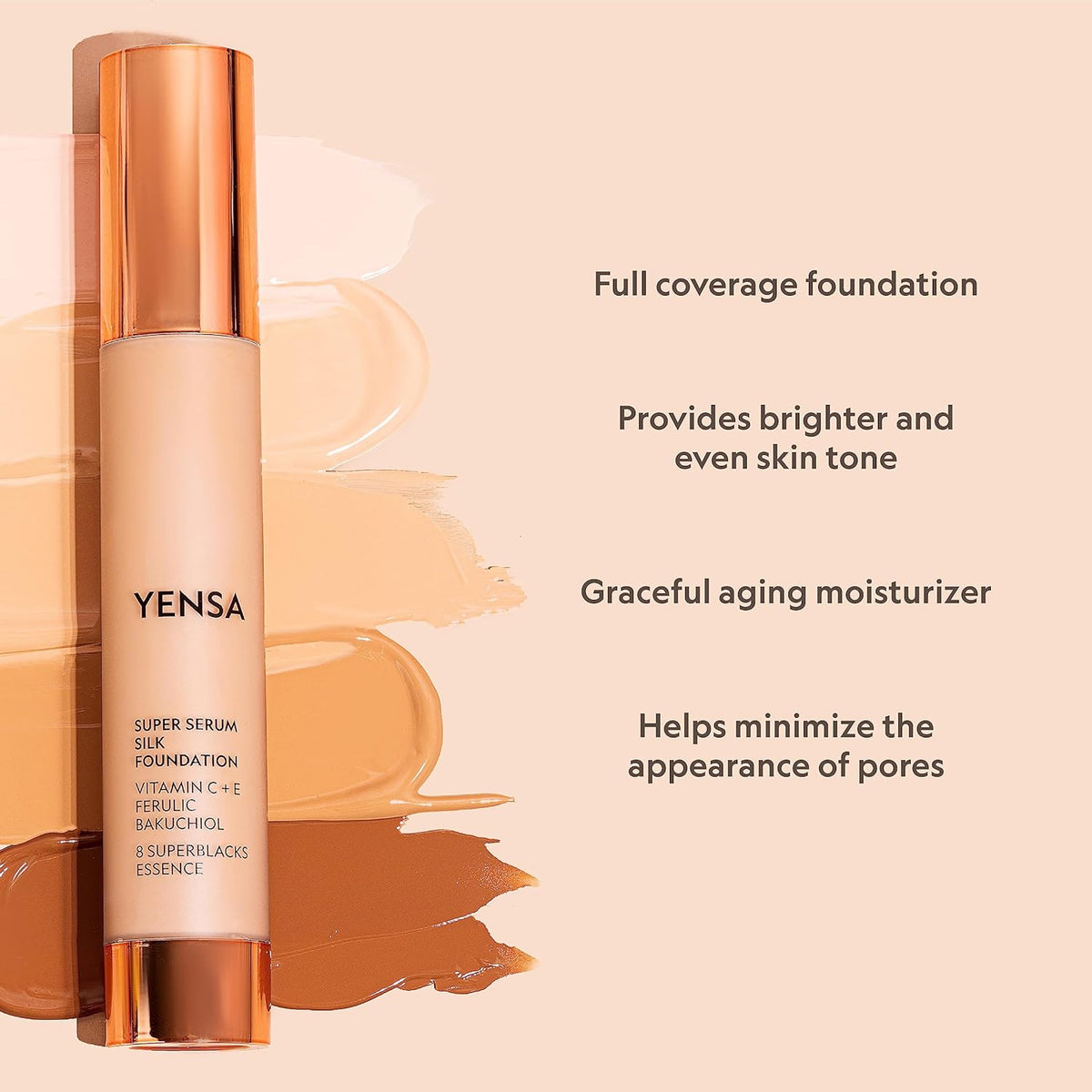 YENSA Super Silk Foundation - Full Coverage, Age-defying complex of Vitamin C, E, Ferulic, and Bakuchiol Oil (Deep 4) 1.0 fl oz