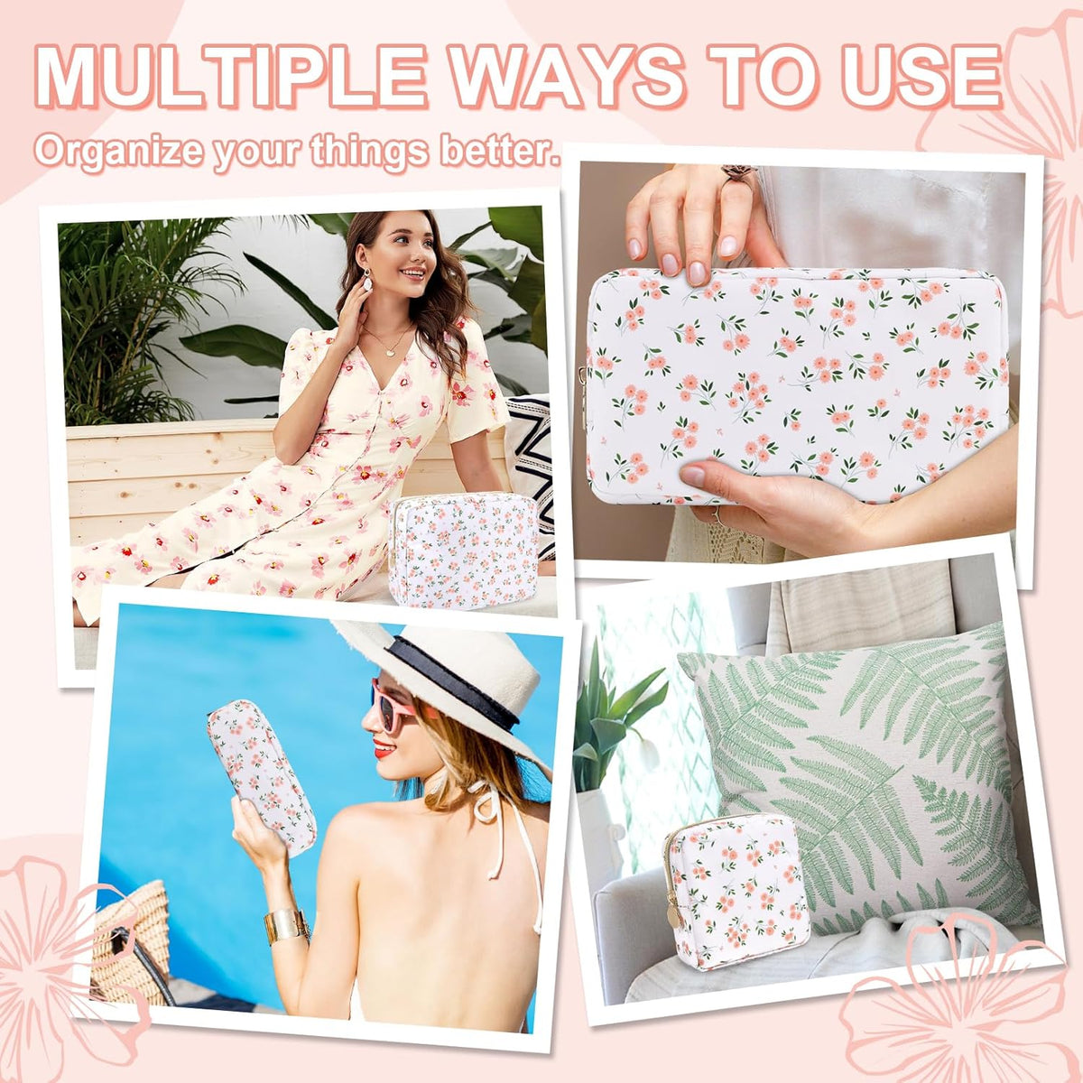 Waterproof Large Floral Makeup Pouch,Nylon Travel Toiletry Storage Purse Preppy Cosmetic Bag for Women Girl,Large Capacity Makeup Organizer Zipper Pouch for Work(L White-Flowers)