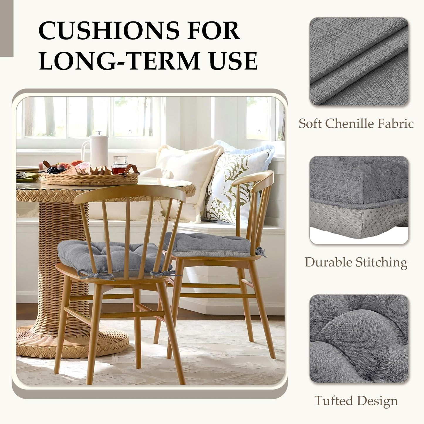 HARBOREST Chair Cushions for Dining Chairs Set of 4 - Chenille Tufted Kitchen Chair Cushions with Ties and Non-Slip Bottom, Foam Chair Pads for Dining Chairs, 17" x 17", Grey