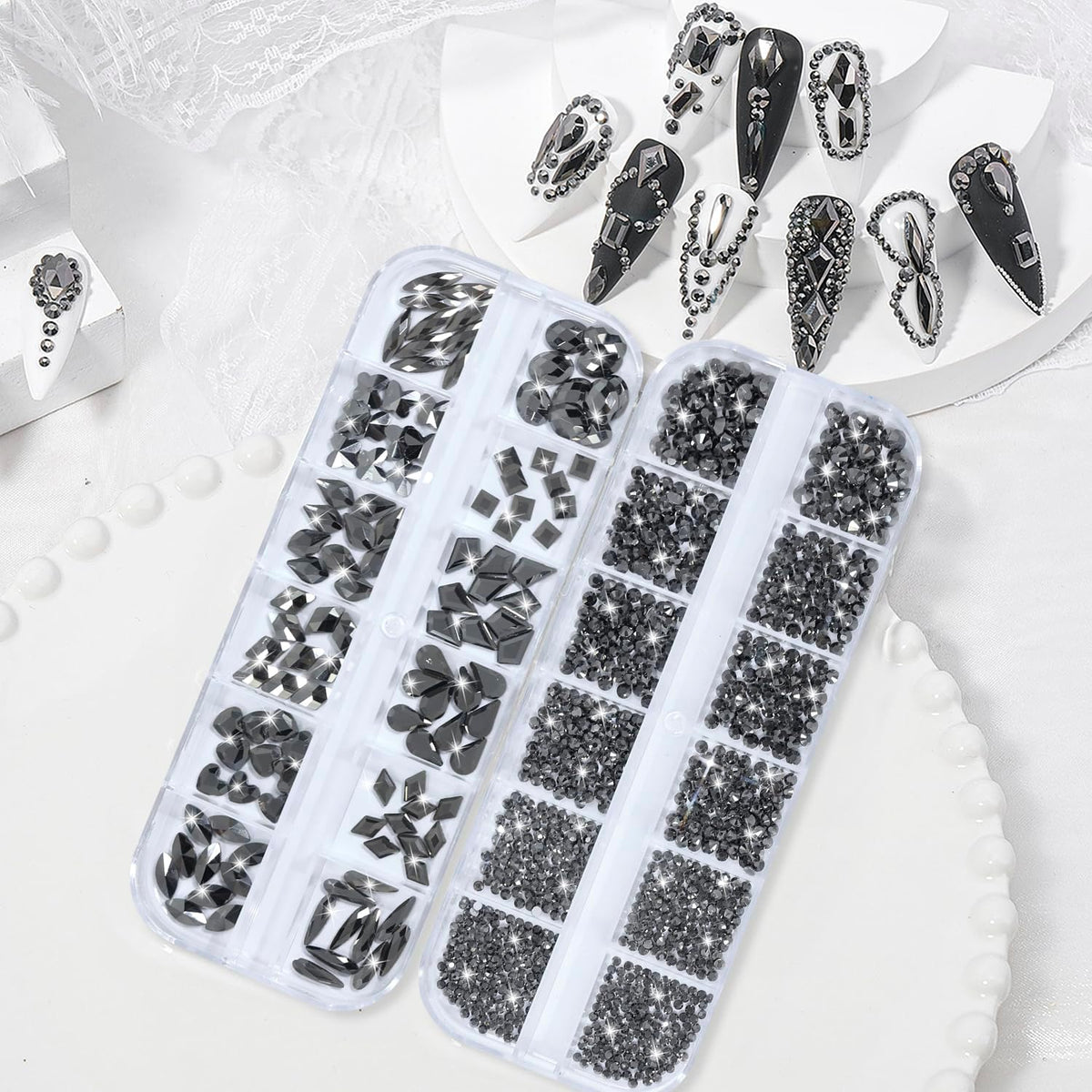 Nail Rhinestones - 3D Multi Shape Size, Flat Back, Crystals Manicure Rhinestones Charms, Mineral Gray Nail Gems, with Kit, for Nail Art, Bedazzling Acrylic Nails, DIY Decor