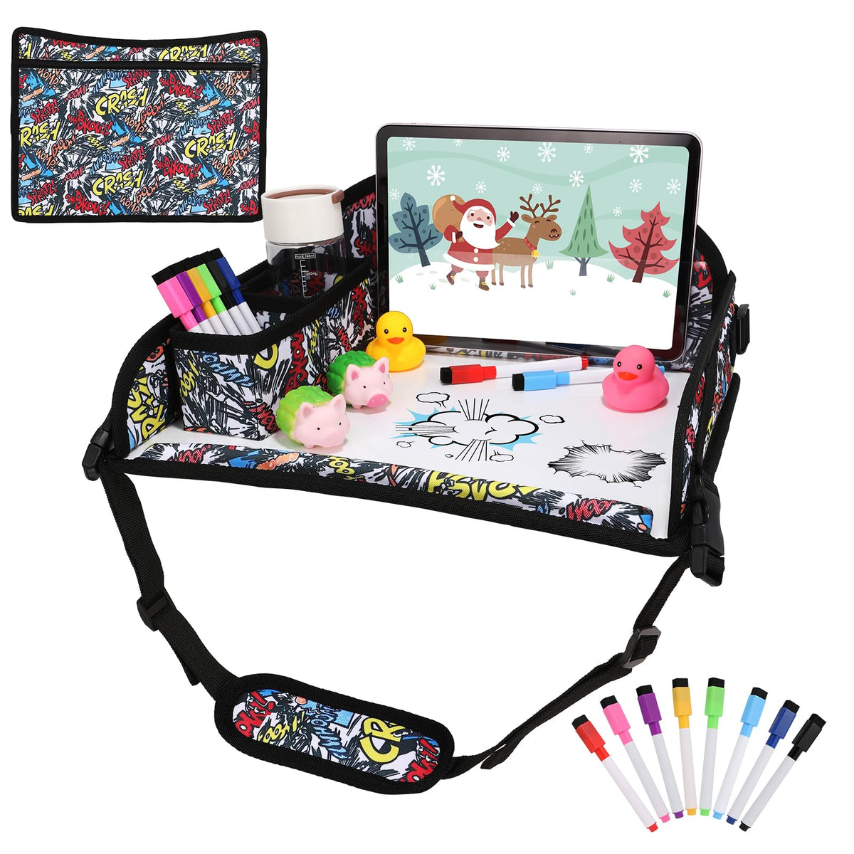 Upgraded Kids Travel Tray for Airplane - Toddler Car Seat Table Tray, Road Trip Essentials for Boys & Girls, Carseat Lap Desk for Kids Road Trip Activities, Black