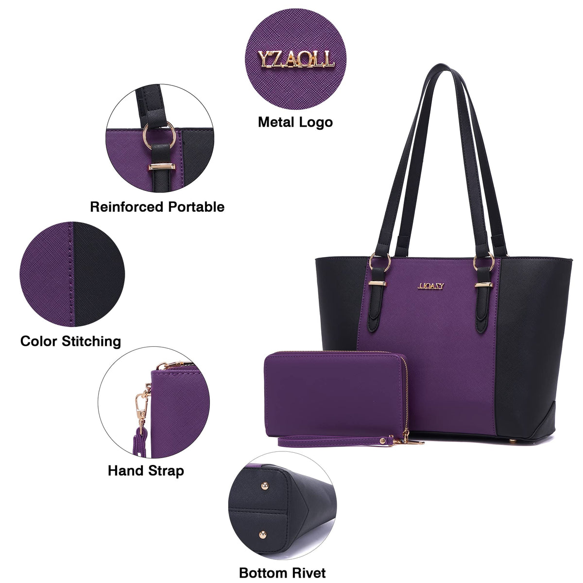 Purses for Women Large Tote Shoulder Color Blocking Handbags Top Handle Satchel Women Purse Wallet set 2pcs PurpleBlack
