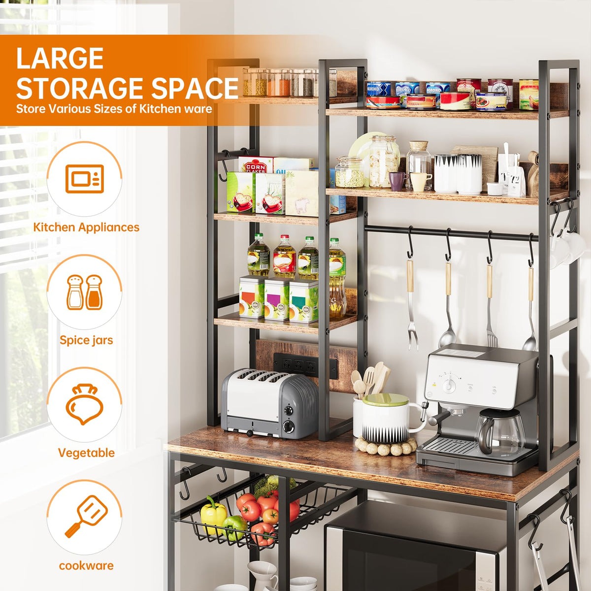 Airynee Bakers Rack with Power Outlet, 7-Tier Microwave Stand, Large Coffee Bar Stand with 12 Hooks & Wire Basket, Metal Kitchen Shelf Organizer for Pots, Spices, Easy Assembly, Rustic Brown