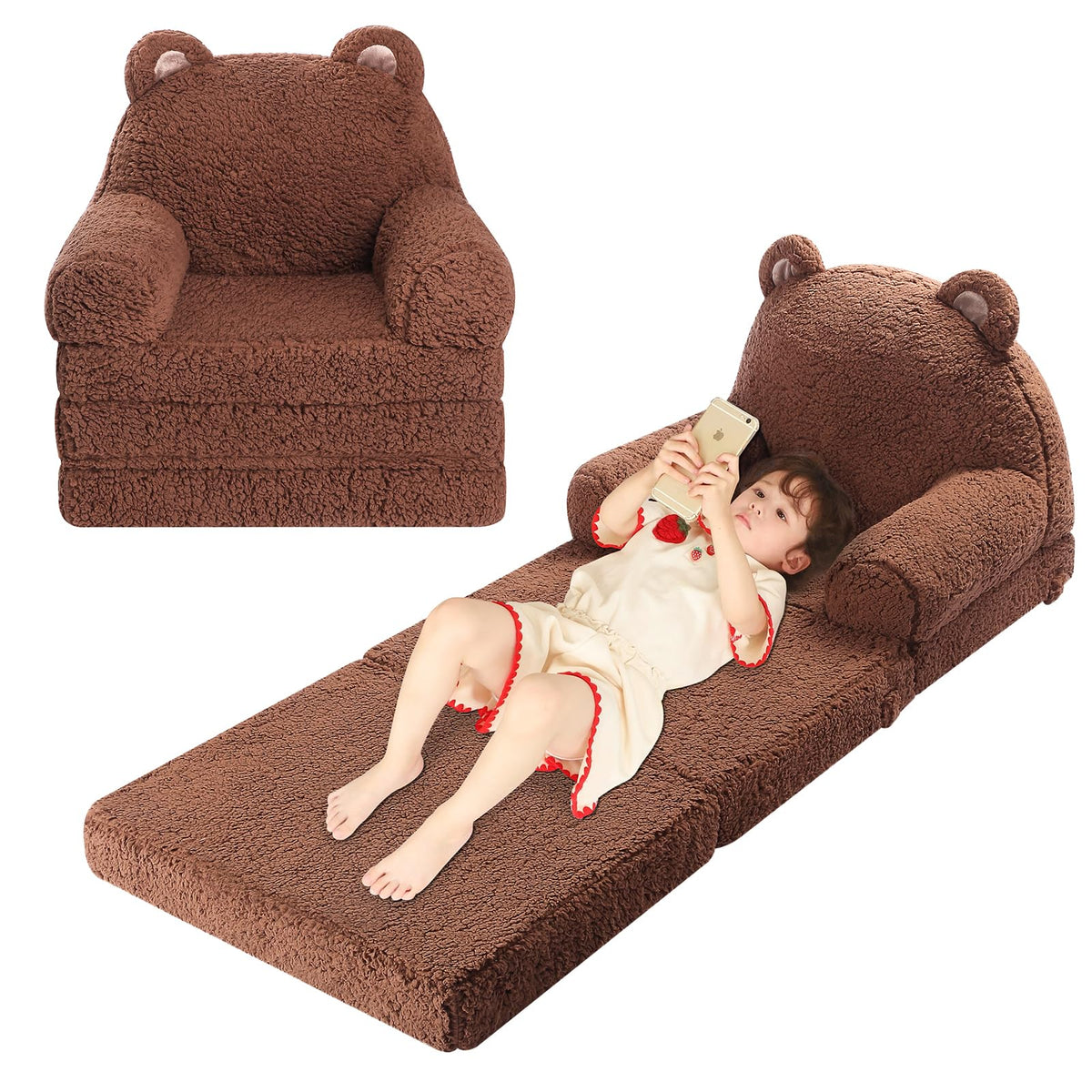 MOMCAYWEX Foldable Kids Sofa, Sherpa Teddy Bear Toddler Couch with Tri Folding Foam Cushions, Comfy Couch for Kids Age 18 Months and Up