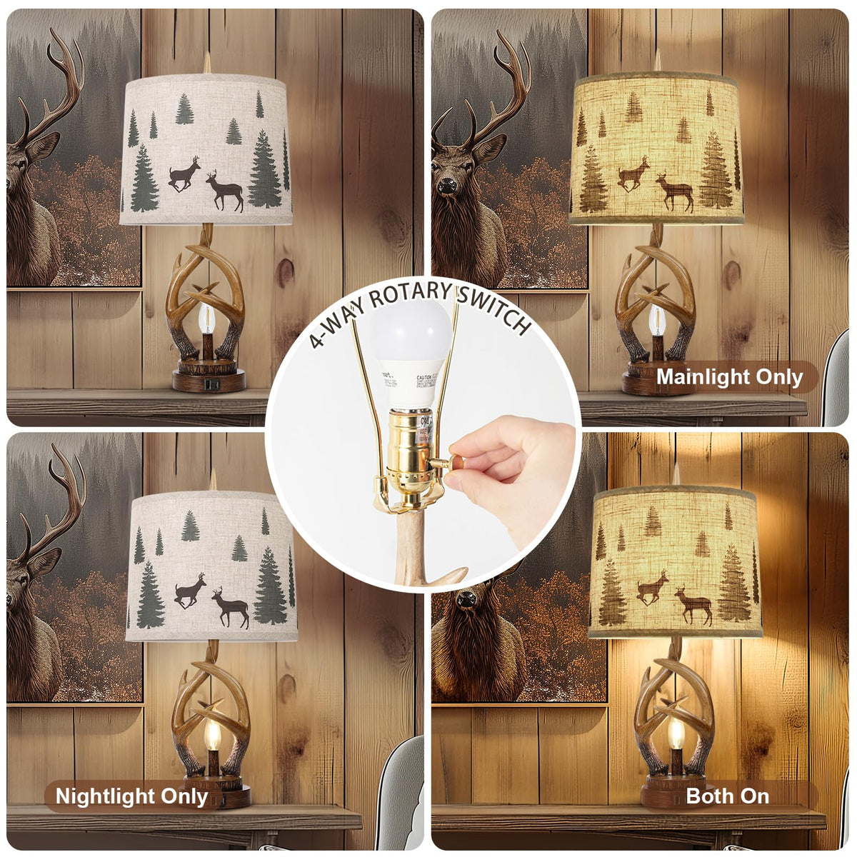 Scenekoy Rustic Farmhouse Antlers Table Lamp Set of 2 with Nightlight Dual USB Ports Linen Fabric Round Shade Bedside Lamp Decor for Living Room Bedroom Office House