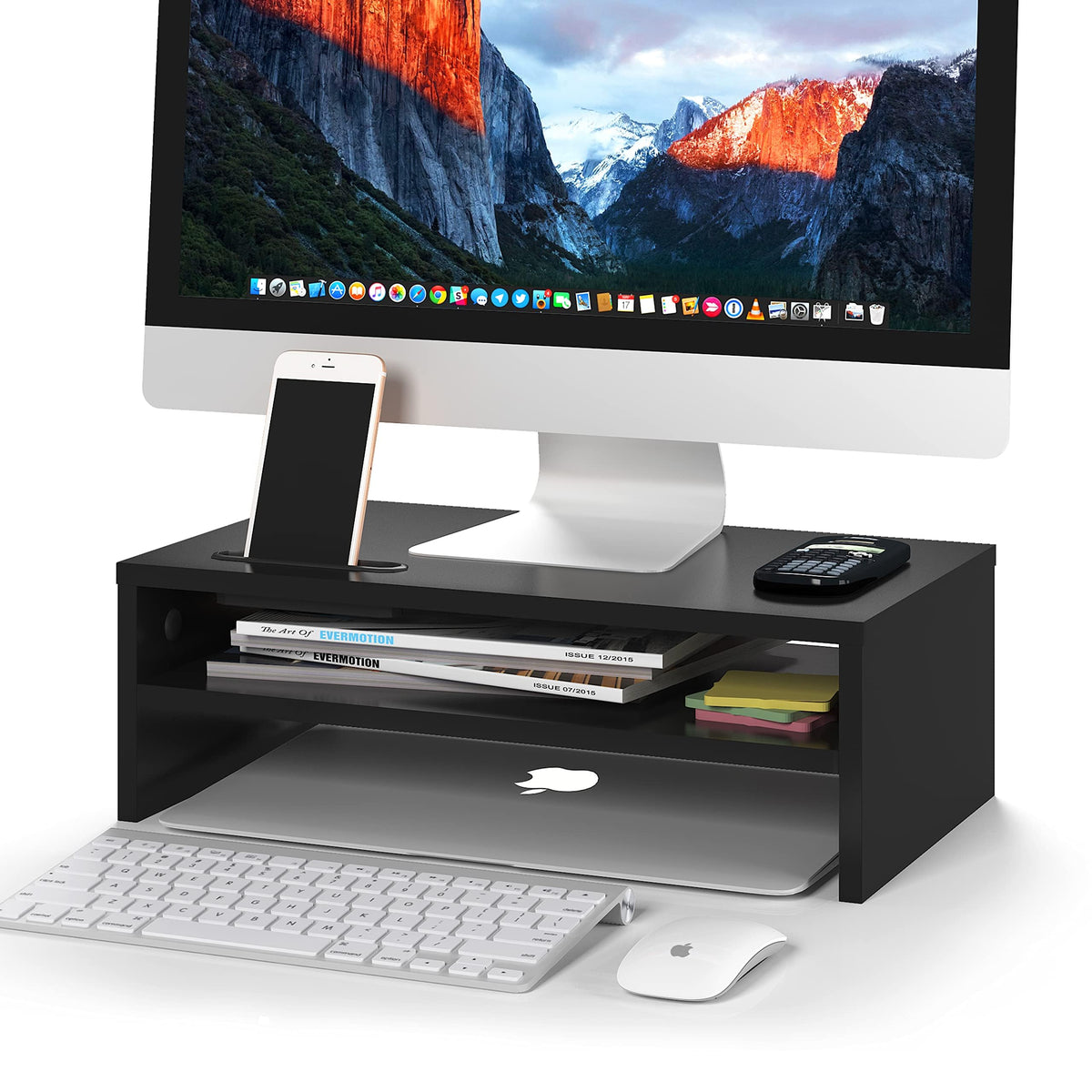 BONTEC Wooden Monitor Stand Riser, 2-Tier Desk Shelf with Storage Organizer, Ergonomic Computer Stand with Cable Management, Cellphone Holder, Black, 16.5 Inch