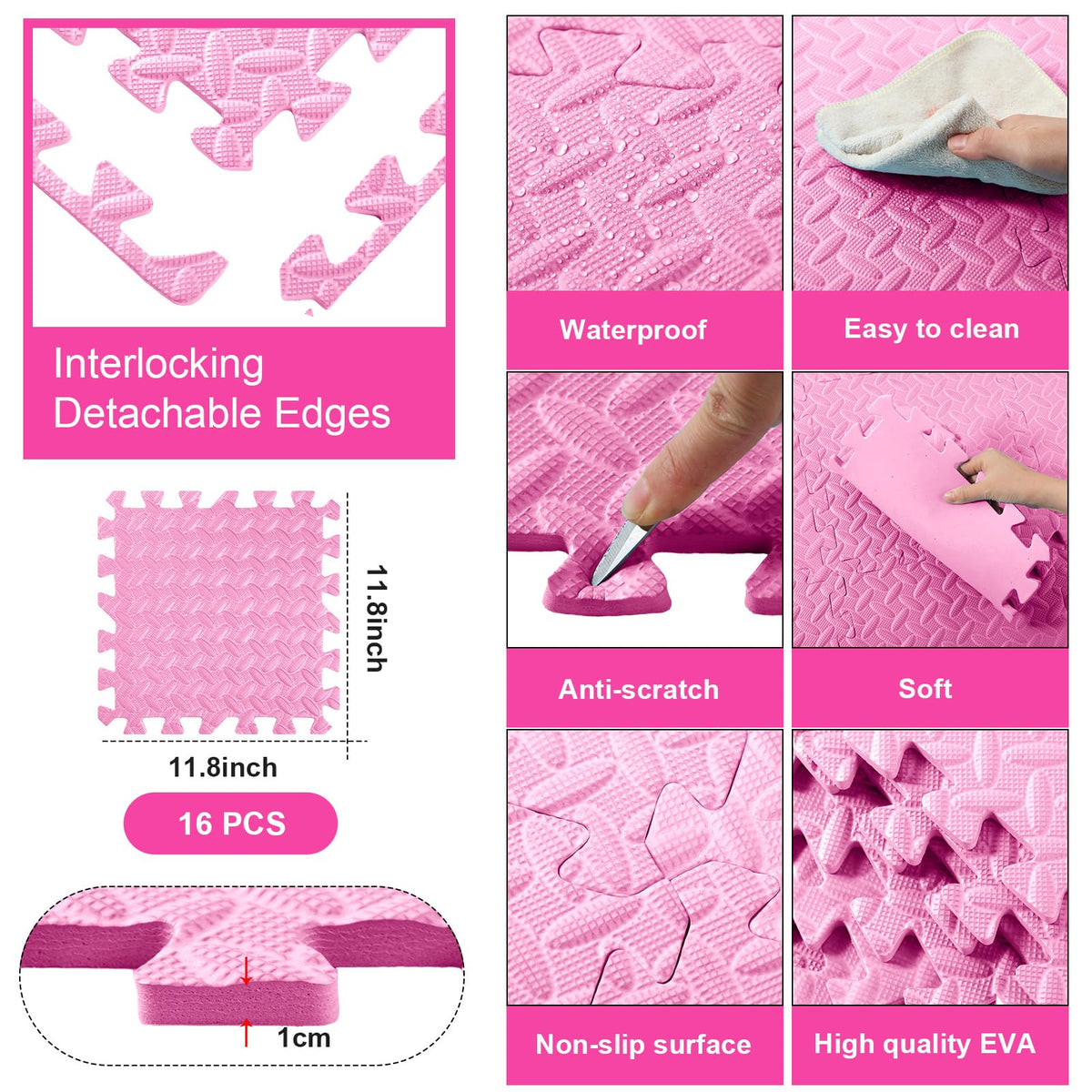 Shihanee Foam Floor Baby Tiles Foam Floor Mats Play Mats Bulk with Borders Interlocking for Kids Baby Playroom Nursery Gym (Light Pink,16ft)