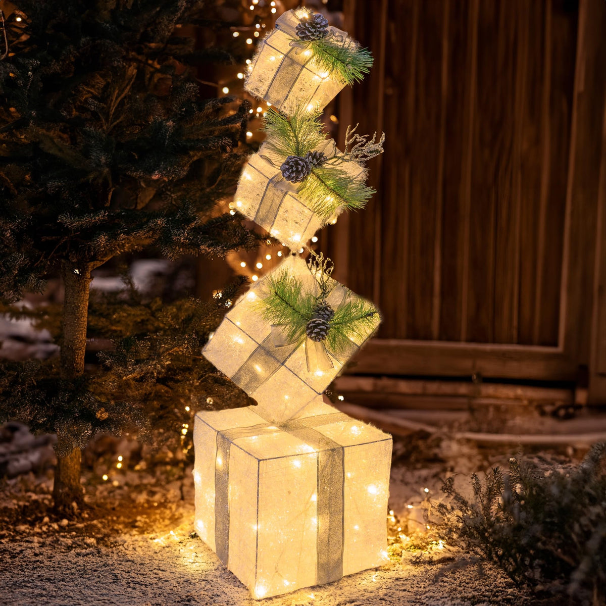 Hourleey Set of 4 Christmas Lighted Gift Boxes, 3FT Pre-lit 70 LED Stackable Light Up Present Boxes Ornament, Xmas Tinsel Boxes Decorations for Indoor Outdoor Home Yard Lawn Décor