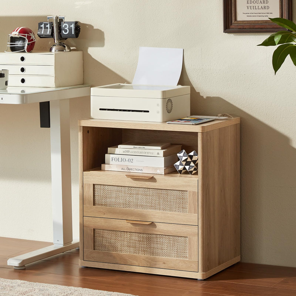 LEYAOYAO Rattan Night Stand with Charger Station, 23" Wide Boho Nightstand with 2 Drawers, Natural Wood Bedside Table Open Storage Cabinet, Bed Side End Tables Dresser for Bedroom, Living Room Hallway