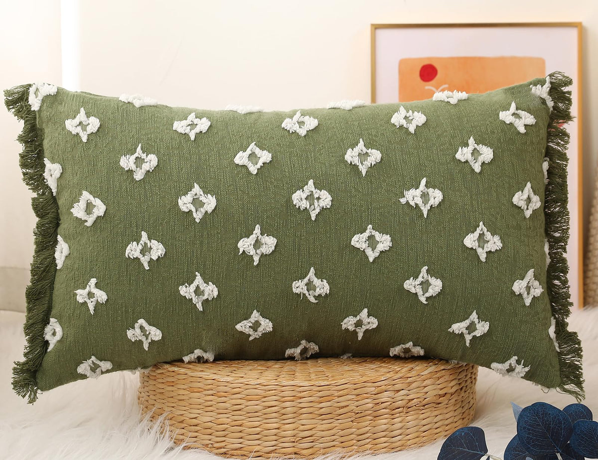DRNOU Boho Long Lumbar Pillow Cover 14x24 with Tassel,3D Flower Patterned Cotton Decorative Long Lumbar Pillow Cover Pillow Case for Sofa Couch Bed Livingroom Farmhouse,Sage Green