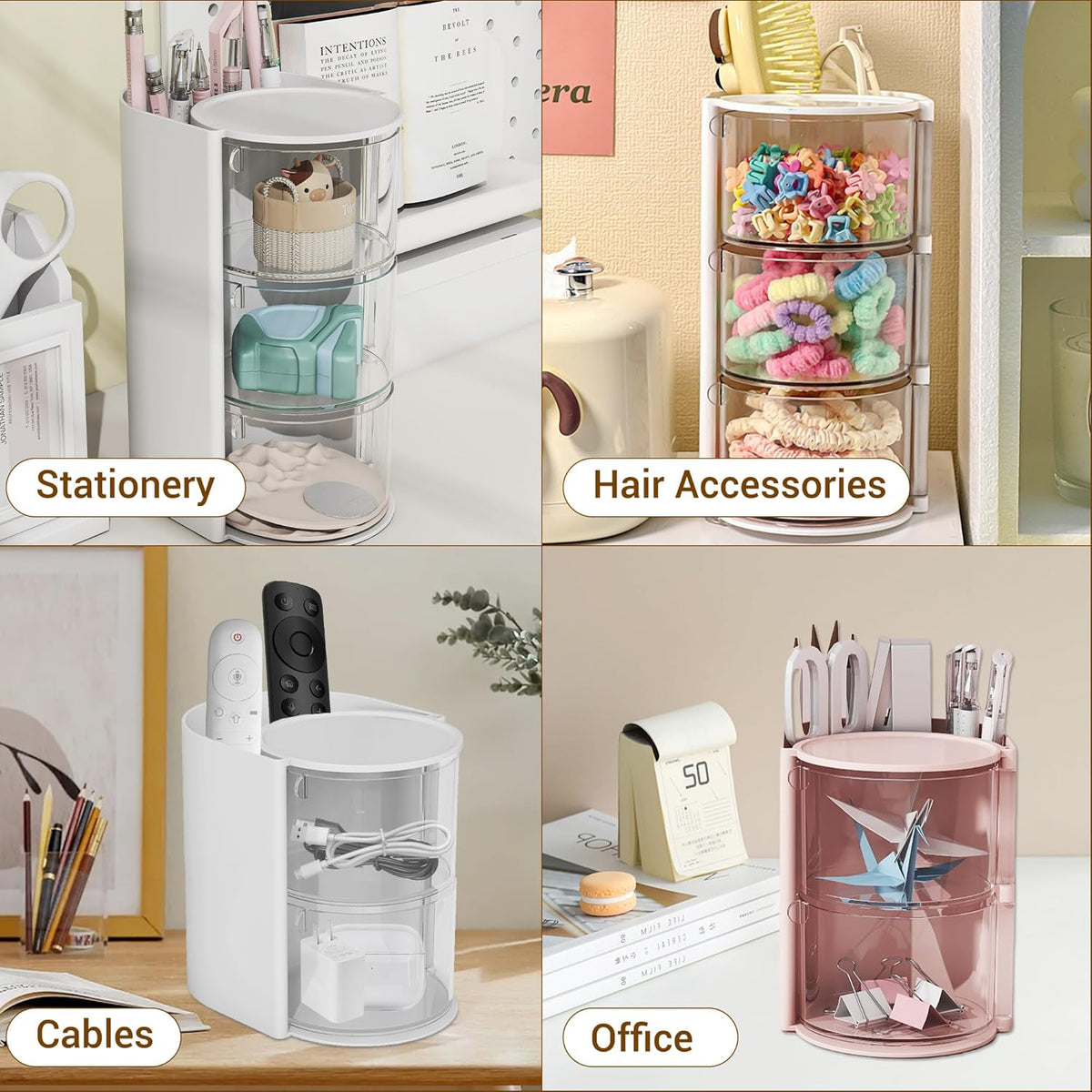 Hair Accessories Organizer with Hair Brush Holder, Rotatable Makeup Brush Holder for Necklaces, Earring, Bracelet, Ring, Makeup Brushes, Hair Clip and Hair Accessories (White, 3-Layer)