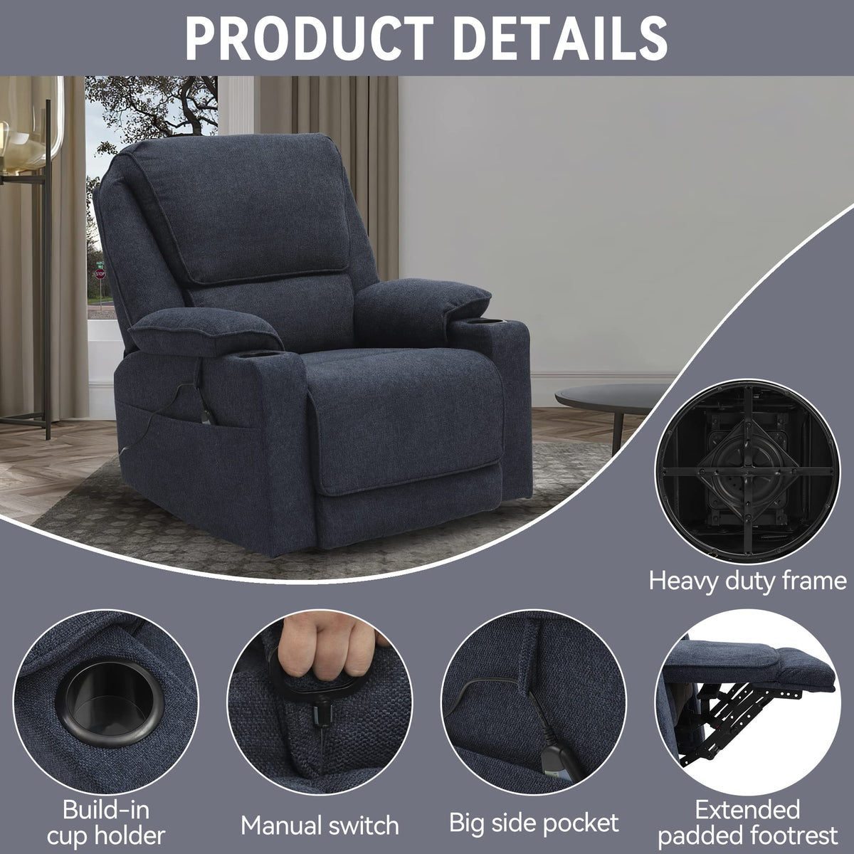 LOUVIXA Swivel Glider Recliner Chair for Adults,Manual Recliner with Massage and Heat, Linen Cotton Fabric Ergonomic Lounge Chair with Cup Holder for Living Room, Bedroom, Nursery (Navy Blue)