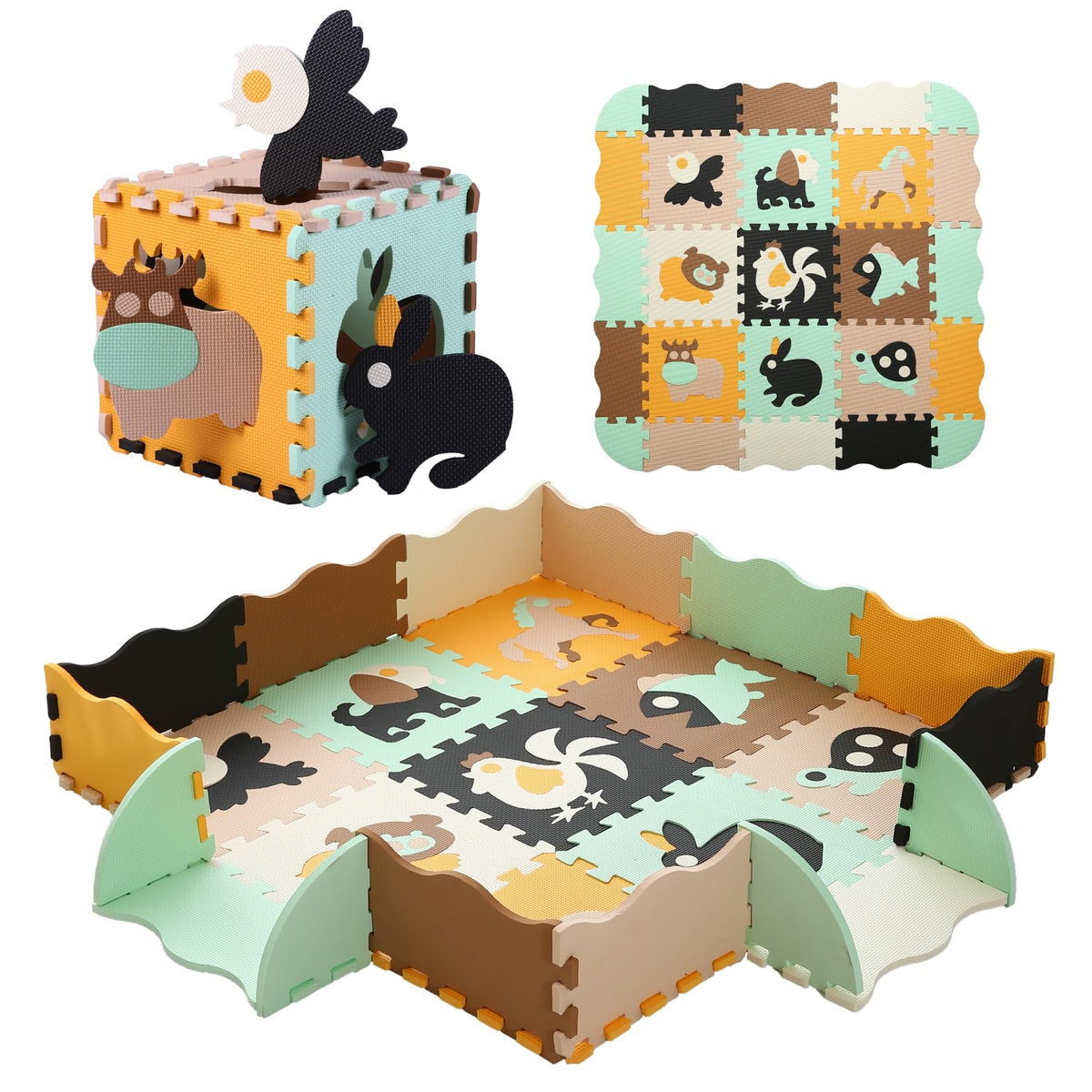 Tamiplay Foam Play Mat for Kids，25Pcs Square Interlocking Puzzle Floor Mat，Baby Play Mat Floor Mat Foam Puzzle Playmat for Toddlers with Fence（Animal-CSH005