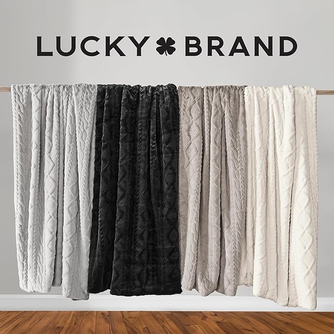 Lucky Brand Embossed Cable Rabbit Faux Fur Throw Blanket - Black - 50"X70" - Plush & Soft