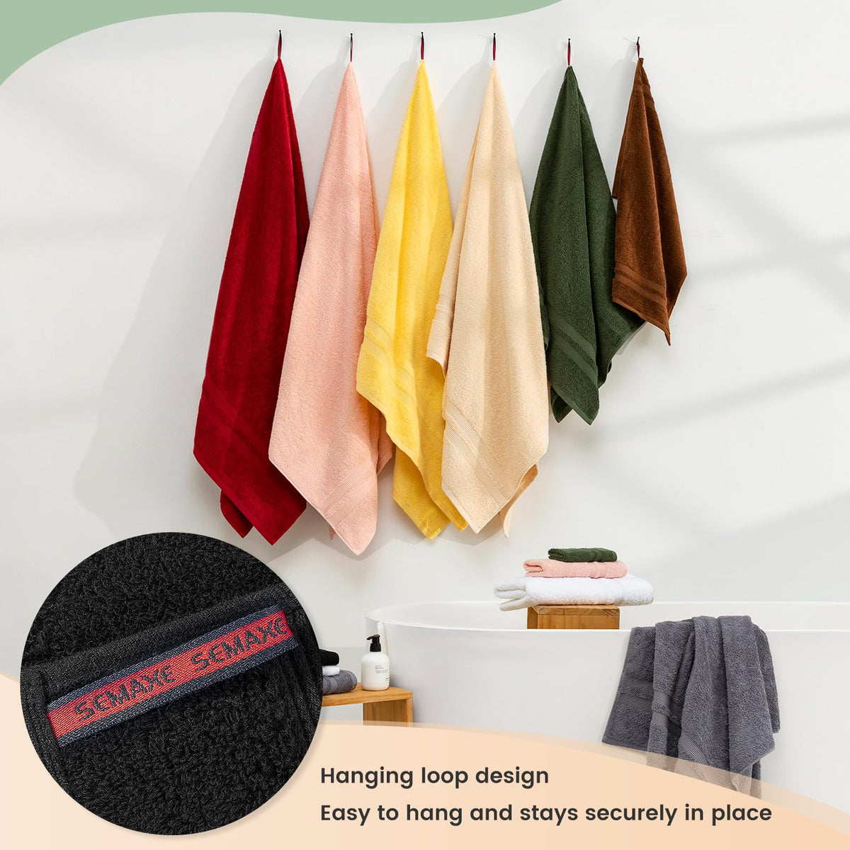 SEMAXE Solid 6-Piece Towel Set, Black, 600GSM 100% Cotton, 2 Each of Bath Towel, Hand Towel, and Washcloths, Gift Box Packaging, Hanging Loop Design