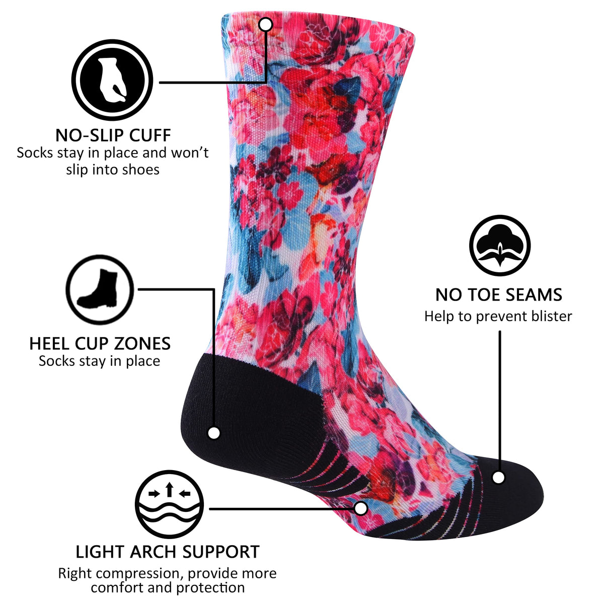 HUSO Cycling Socks, Men's Women's Cool Crazy Floral Crew Mid Calf Novelty Outdoor Hiking Mountain Biking Socks 4 Pairs (Multicolor, L/XL)