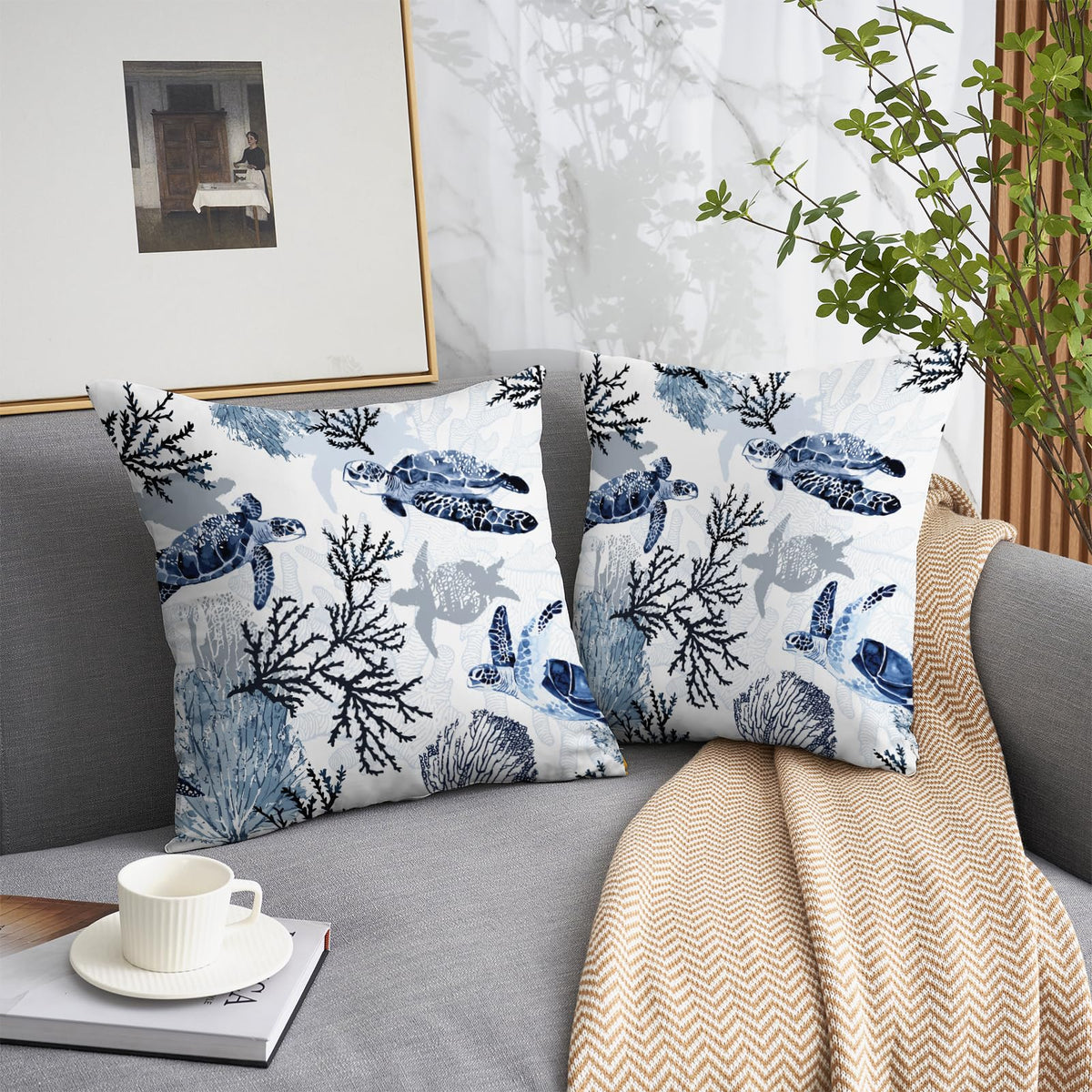 weesire Nautical Coastal Throw Pillow Covers Set of 2 Beach Themed Ocean Coral Sea Turtle Decorative Pillow Cases Outdoor Sofa Cushion Cover for Bedroom Living Room, 18x18, Blue