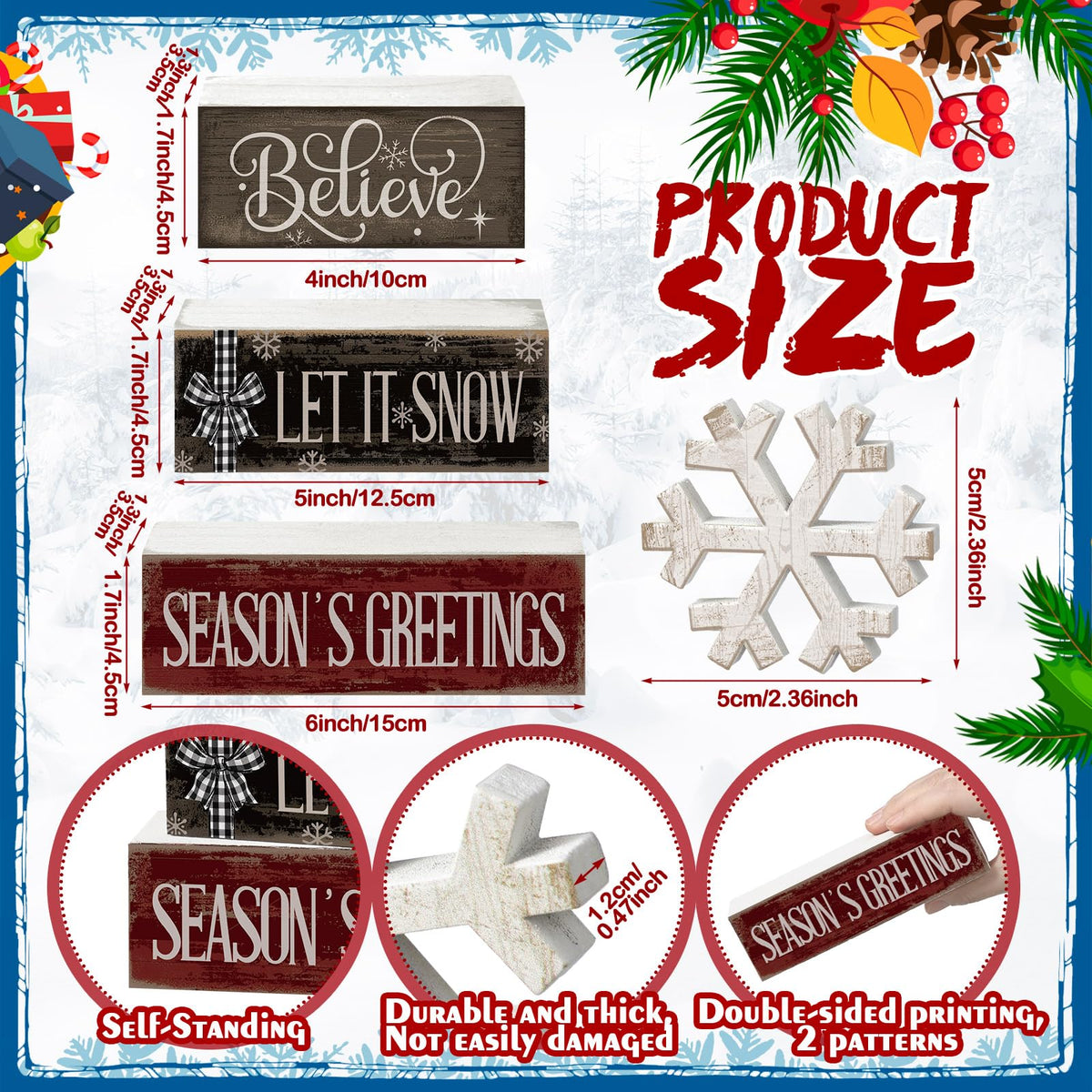 Moucuny 4 Pcs Winter Decorations for Home Reversible Christmas Winter Table Sign Wooden Snowflake Decoration Double Side Christmas Tiered Tray Decor Holiday Table Centerpiece for Xmas Home Decor