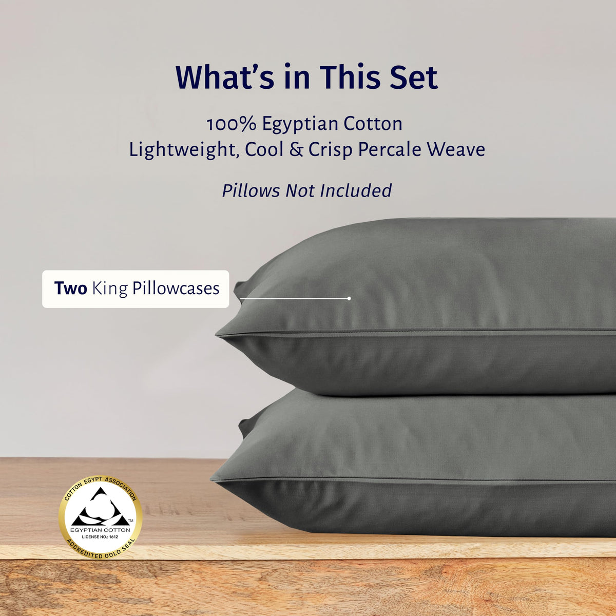 California Design Den Luxury 100% Egyptian Cotton King Pillow Cases Set of 2 - Crisp Percale, Soft & Breathable King Pillowcases Cotton Set - Grey