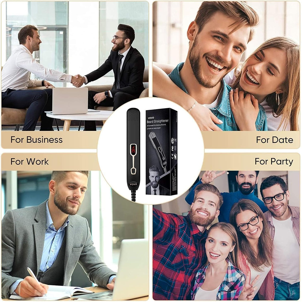 VOVO Beard Straightener Comb Upgrade Professional 2 in 1 Men's Beard Straightening Heated Hair Straightening Brush Portable Anti-Burn 6 Temperature Adjustable with LED Display for Home and Travel