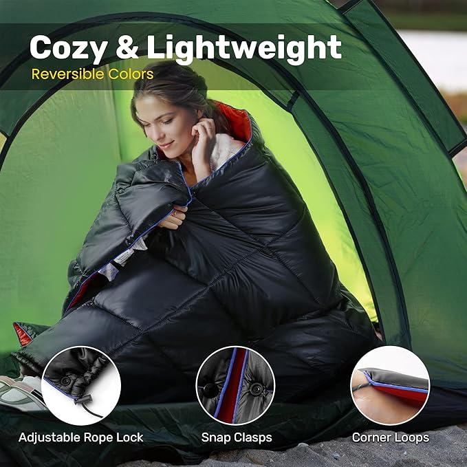 UNIKOME Outdoor Packable Camping Blanket, Lightweight Travel Blanket for Camping, Dual-Sides Puffy Down Alternative Camping Blanket with Snap Clasps, 75"×52", Black&Red