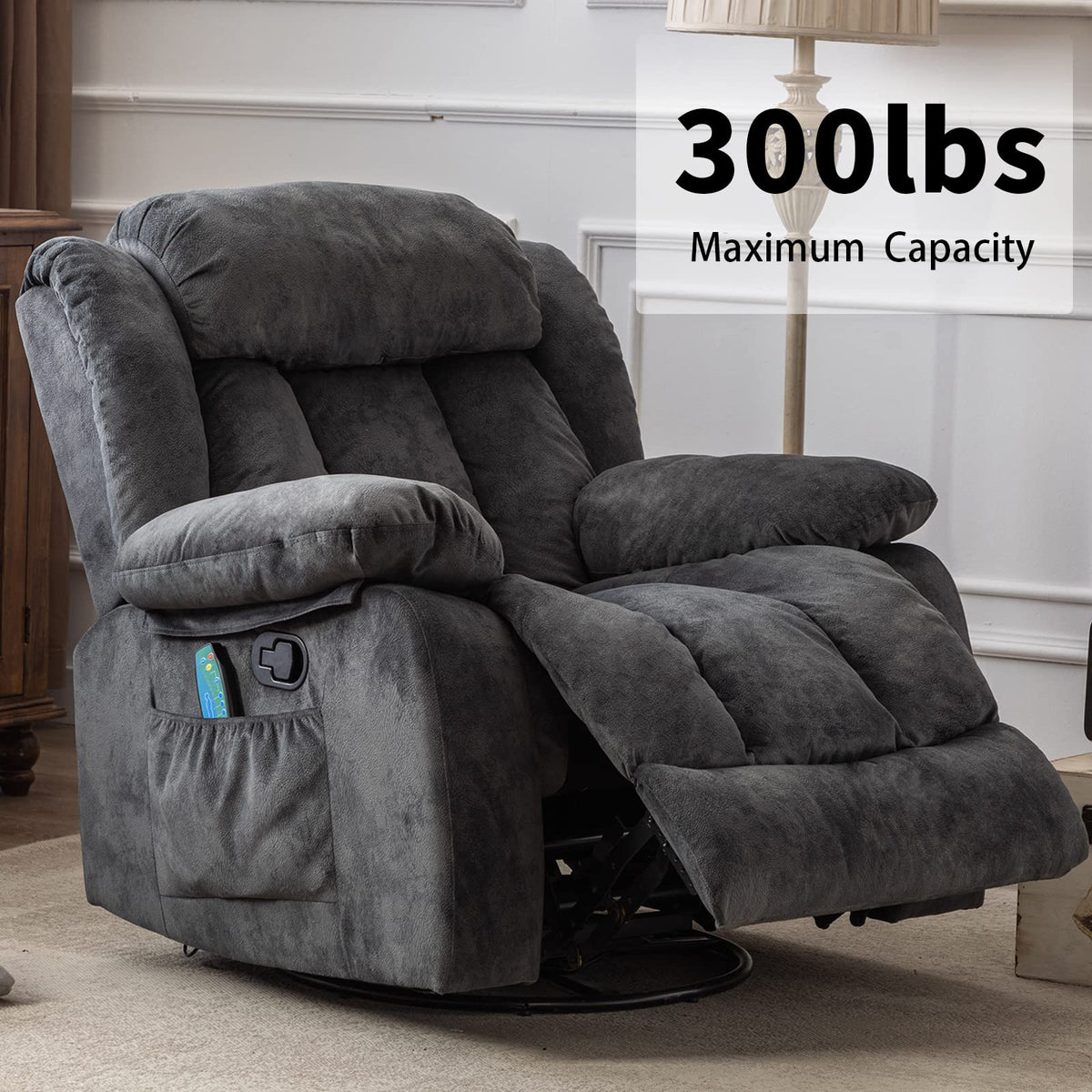 CANMOV Massage Swivel Rocker Recliner Chair with Heat and Vibration, 360 Degree Swivel Manual Recliners Antiskid Fabric Single Sofa Heavy Duty Reclining Chair for Living Room, Grey