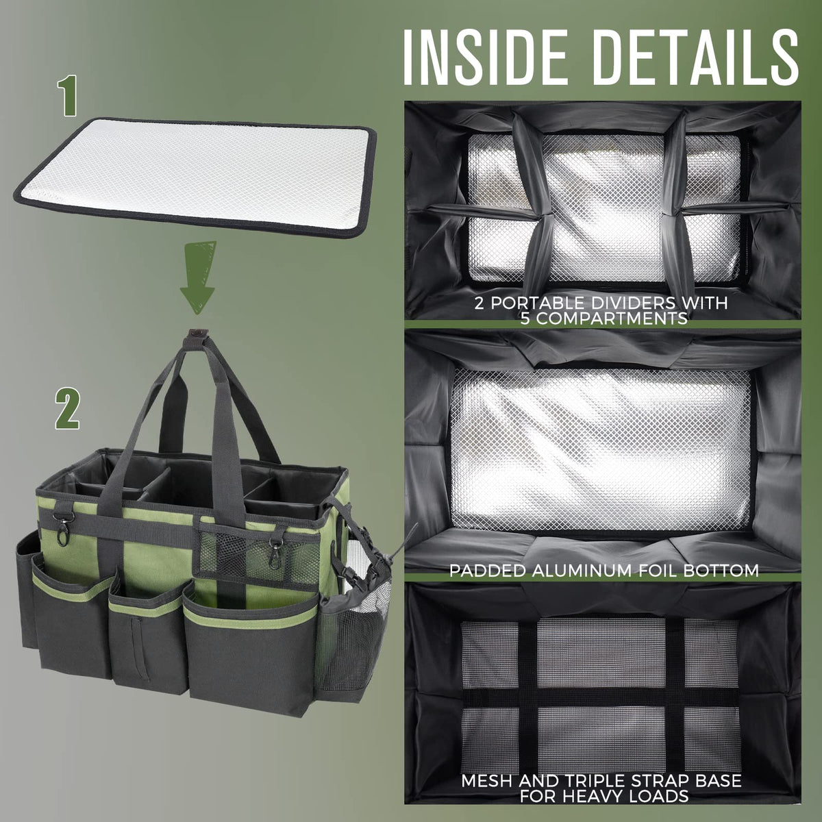 SCAVATA Wearable Cleaning Caddy Organizer with Handle & Shoulder Straps for Housekeepers, Under Sink & Car Cleaning Tool Organizer Bag with 4 Foldable Dividers (Green)