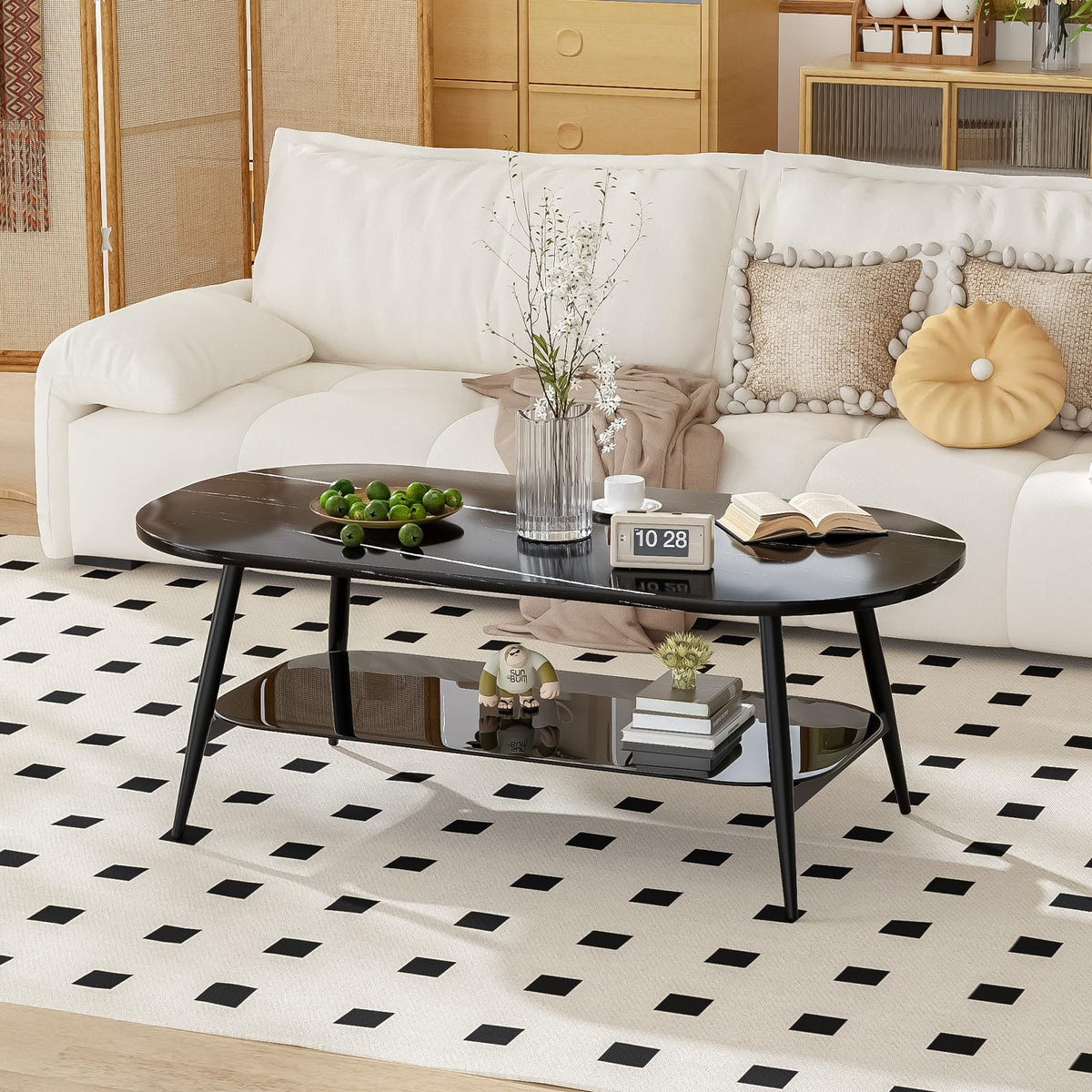 Coffee Tables for Living Room, Black Coffee Table with Glass Shelves, Spacious Oval-Shaped Mid Century Modern Coffee Table