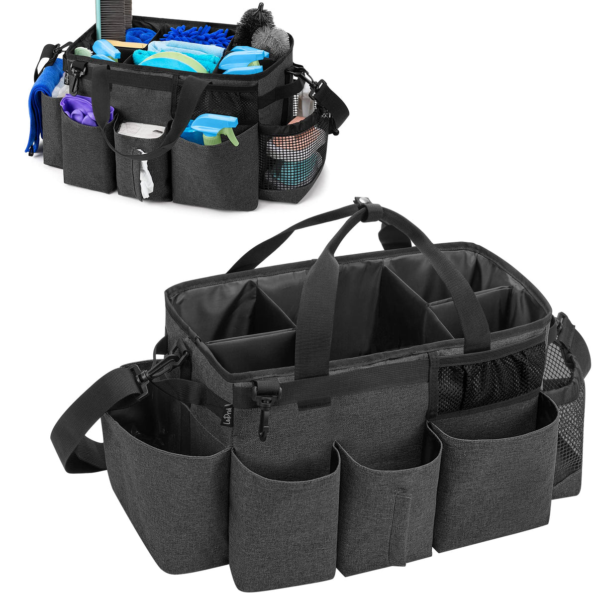 LoDrid Wearable Cleaning Caddy Bag with 4 Foldable Dividers, Cleaning Supply Organizer with Shoulder Strap and Side Handles for Cleaners & Housekeepers, Black
