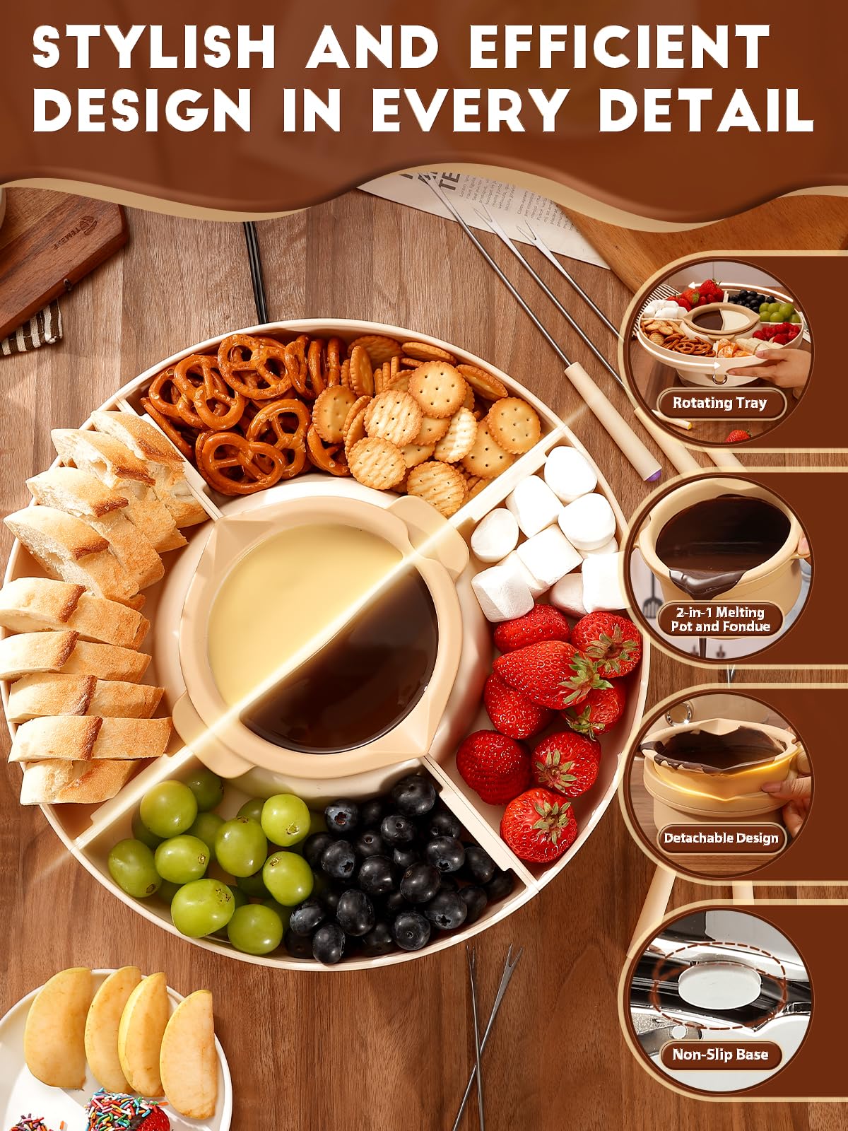 LUSHYUM Chocolate Fondue Pot Set Electric Melting Machine, 4-Cup Capacity 4 Trays 5 Forks 1 Spatula Cheese Warmer, Ideal Gift for Couple Family & Date Night Idea House Warming Holidays Essentials