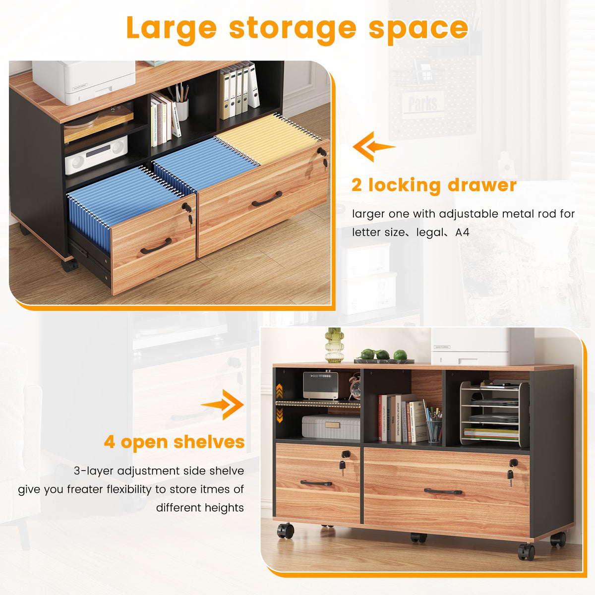 Nosepen 2 Drawer Wood Mobile Large Lateral File Cabinet with Lock, Lockable Rolling Filing Cabinet with Storage Shelves, Printer Stand Office Storage Cabinet for Home Office Fits Files Legal/A4