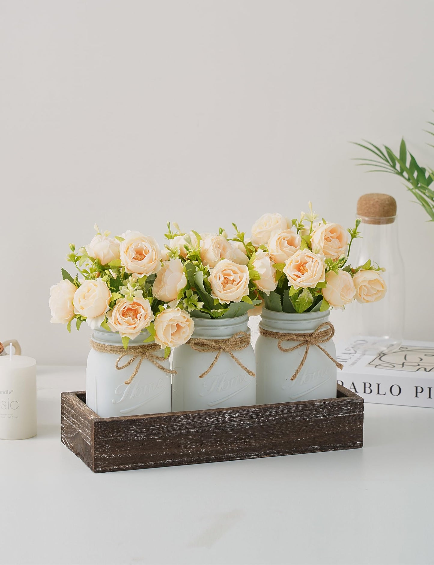 KIVIVO Mason Jar Centerpiece Table Decorations, Kitchen Table Centerpieces for Dining Room, Spring Coffee Table Decor with Peonies Artificial Flowers, Wood Tray, Farmhouse Centerpieces for Tables