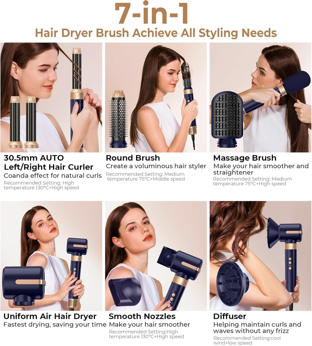 7 in ONE Hair Dryer Brush, Powerful Blow Dryer Brush with Auto- Wrap Curler, Detachable Fast Drying, Volumizing, Curling, Straightening, Ionic Hair Dryer with Diffuser, Hair Styling Tools 100-120V