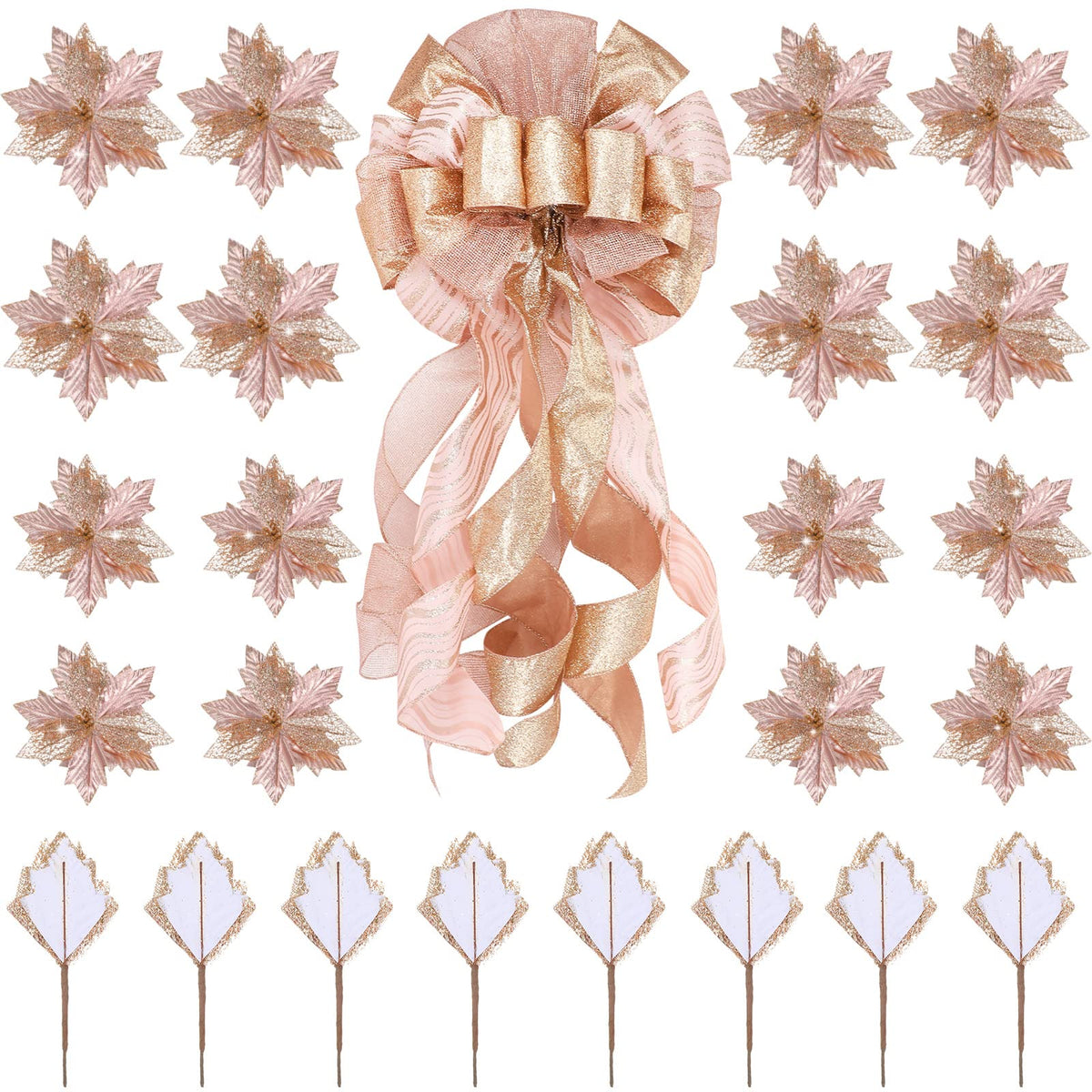 Syhood Christmas Tree Topper Decorations 34x12 Inch Large Christmas Bows Tree Ornaments and 24 Pcs Christmas Tree Flowers for Christmas Holiday Party Decorative(Rose Gold)