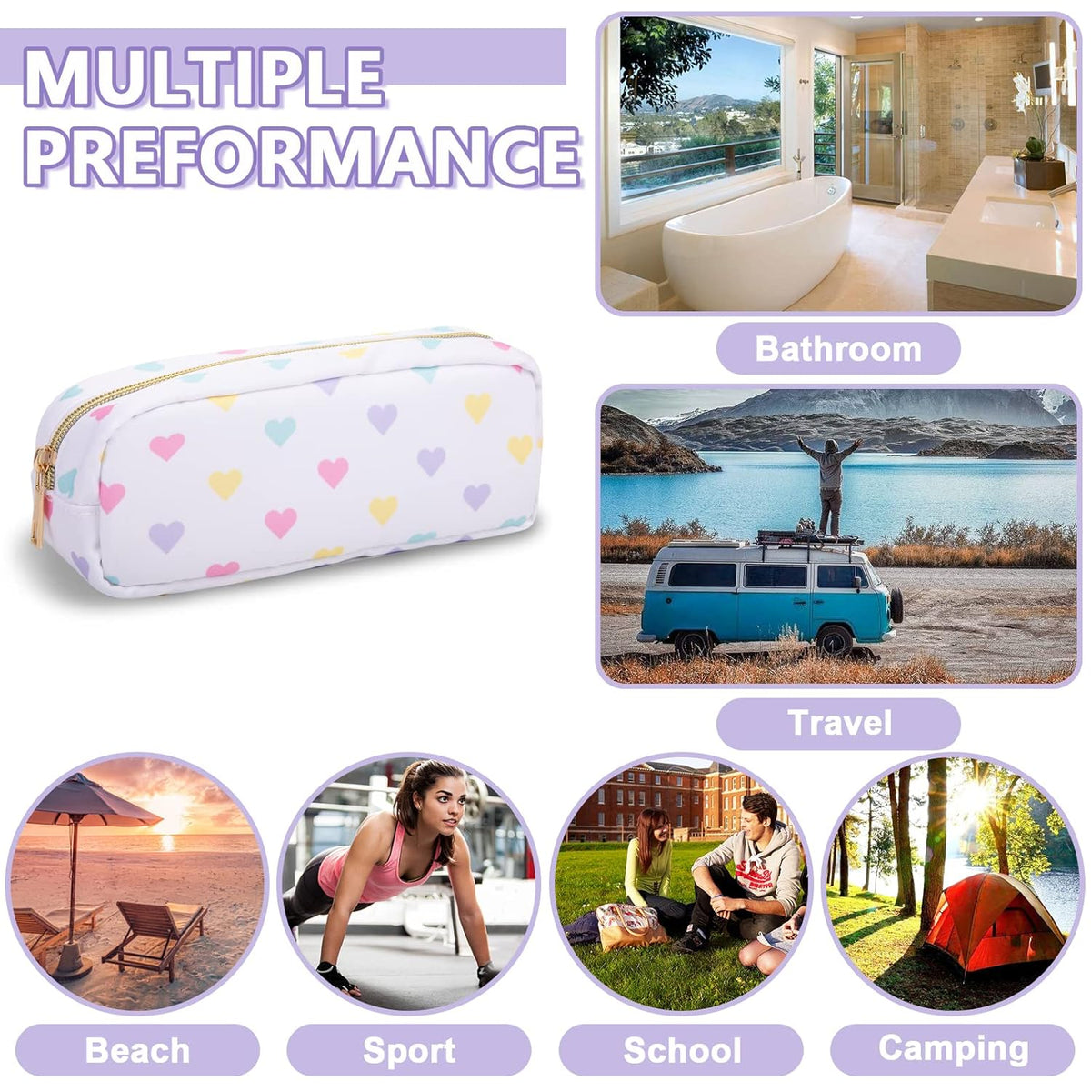 Small Pencil Case Makeup Bag for Purse, Cute Pencil Pouch Nylon Preppy Makeup Brush Bag with Zipper, Girls Portable Stationery Storage Case for Office School College(Slim-White Heart)