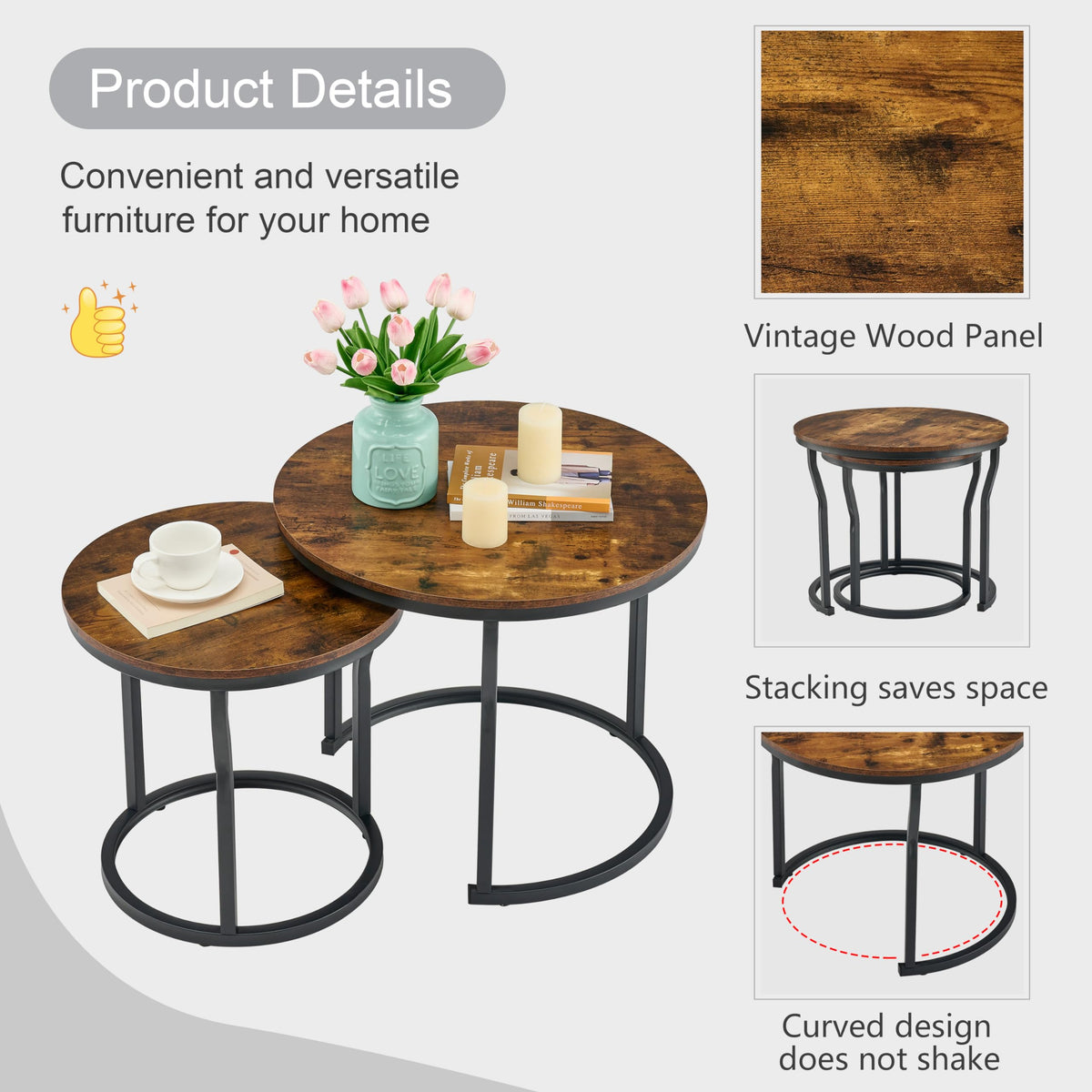 Hoctieon Nesting Coffee Tables, Round Nesting Tables Set of 2, End Tables, Stacking Nesting Tables for Living Room, Circle Coffee Tables, Side Tables Wooden Table Top, Rustic Brown