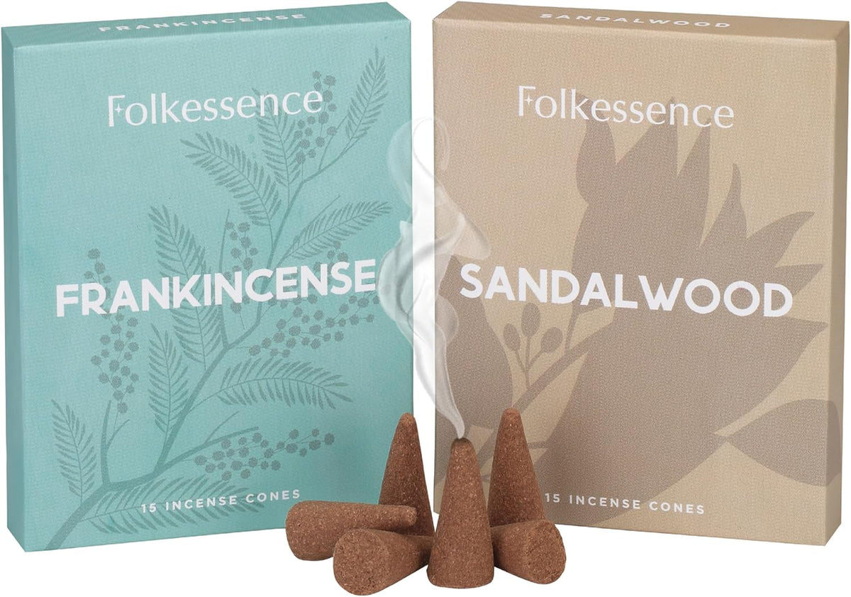Folkulture Incense Cones Scented, Set of 2 Frankincense & Sandalwood Inscents-Cones (30 Cones), Variety Pack of Insence Cones for Relaxation, Aromatherapy & Air Purification